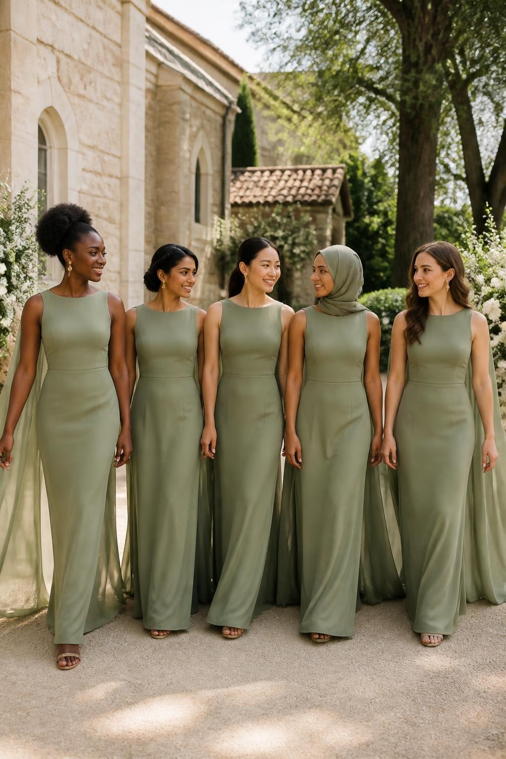 Realistic outdoor wedding photograph of five bridesmaids wearing sage matte-crepe column gowns with clean bateau necklines, sleeveless fitted bodices, softly defined waists, and long split chiffon cape panels falling from the shoulders down the back, women of West African, South Asian, East Asian, Middle Eastern, and European appearance with deep, golden brown, olive, tan, and fair complexions, bright expressive faces with individual features, realistic skin texture and subtle makeup, hairstyles including natural coils, a braided crown, neatly wrapped hijab, polished ponytail, and loose waves, walking beside a pale stone countryside chapel surrounded by mature trees, ivory flowers, and clipped hedges, light breeze lifting the cape panels naturally, visible chiffon transparency, gentle shadows, accurate hands and believable body proportions.