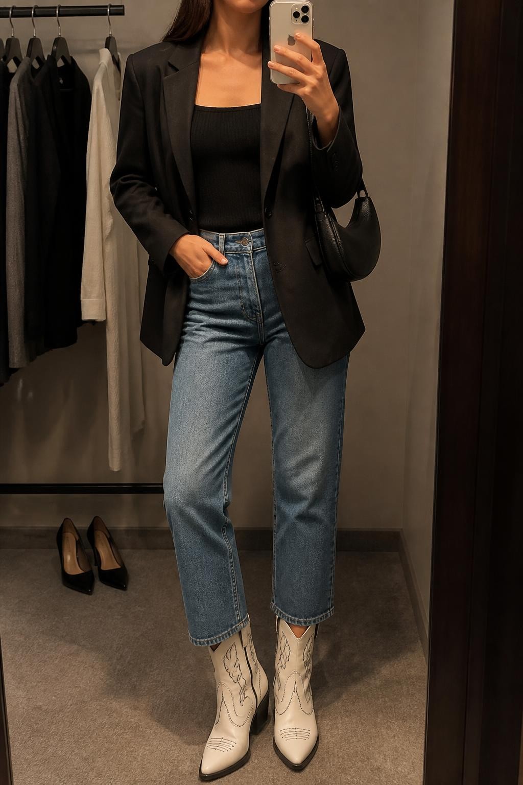 mirror selfie of a woman wearing an open black relaxed-fit single-breasted blazer over a black fitted square-neck knit top, medium-wash cropped straight-leg jeans, white leather cowboy boots with black stitching, and a black crescent shoulder bag, clearly showing the exact clothing items, colors, fabrics, boots, stitching, and bag listed in the Outfit Pieces section, holding a phone in front of a mirror, cropped at NECK so the face does not show, relaxed confident selfie pose in a minimal dressing room, warm moody lighting, with a clothing rack holding a few garments behind her and a pair of heels on the floor nearby, realistic tailoring, knit, denim, and leather textures, latest iPhone photo quality