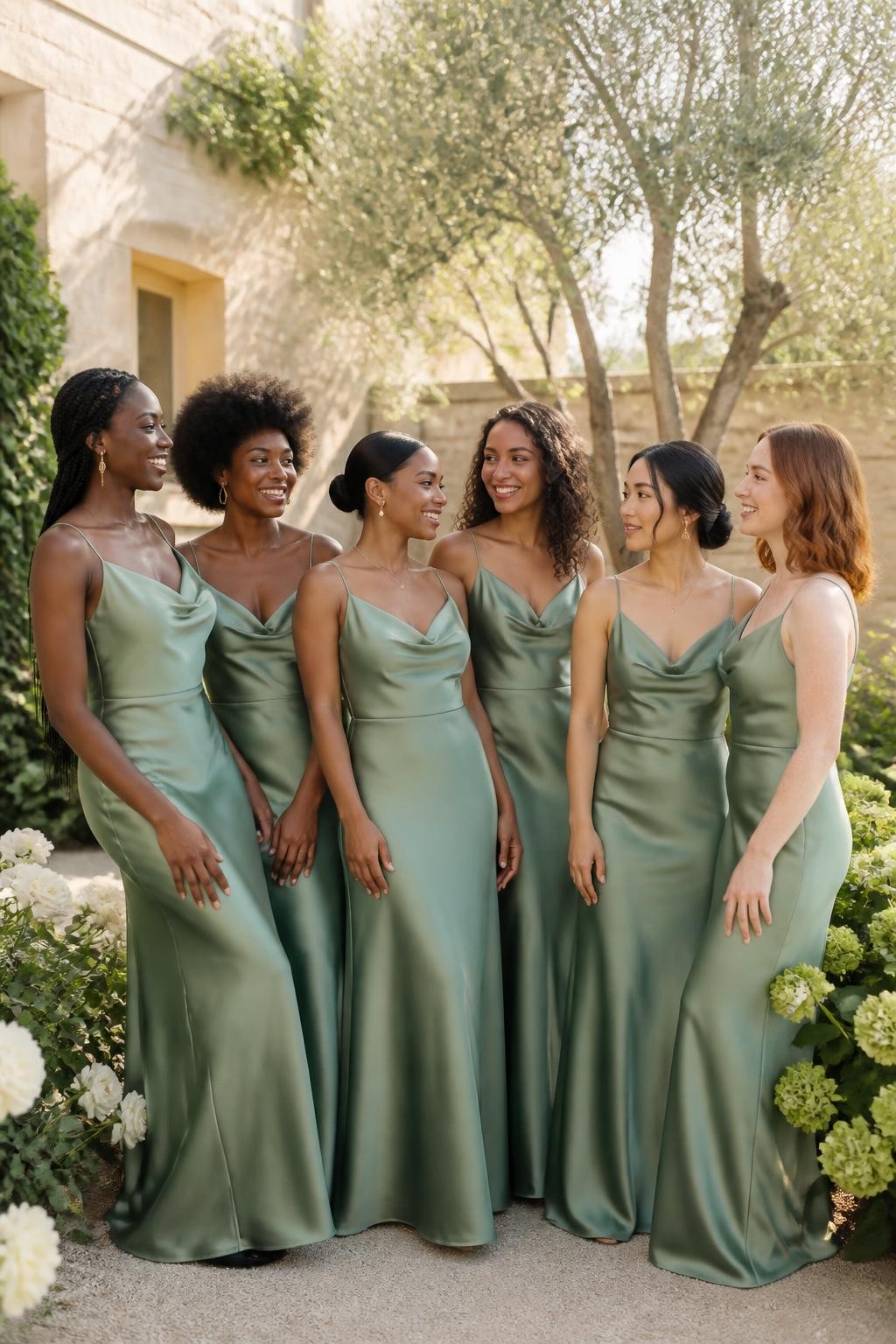Realistic full-frame DSLR wedding photograph of six bridesmaids wearing floor-length eucalyptus green satin gowns with softly draped cowl necklines, slim straps, shaped waists, and fluid bias-cut skirts, women with deep ebony, rich warm brown, caramel, olive, East Asian light beige, and fair freckled skin tones, different heights, ages, and body shapes, bright beautiful faces with natural smiles, realistic skin texture and individual features, hairstyles including long knotless braids, a rounded afro, sleek low bun, loose curls, and shoulder-length waves, standing in a sunlit garden courtyard with cream stone walls, olive trees, white roses, and pale green hydrangeas, warm afternoon light creating believable reflections across the satin, natural fabric folds and relaxed conversational poses, elegant editorial wedding photography.