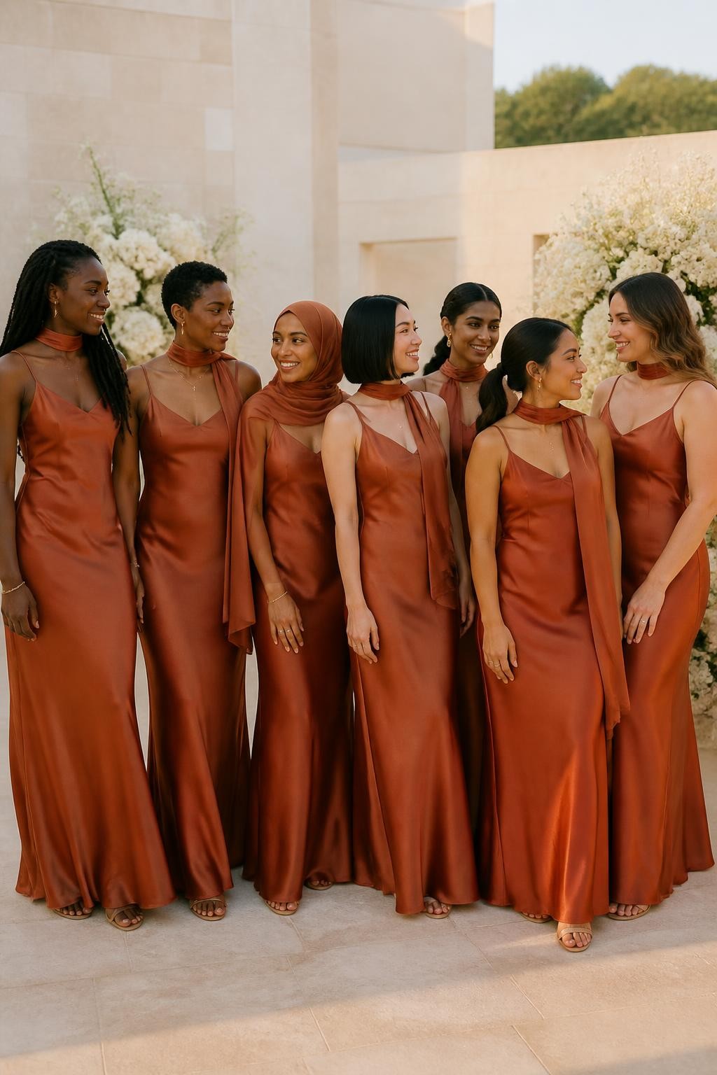 Realistic editorial wedding photograph of seven bridesmaids wearing bias-cut rust satin slip dresses with matching narrow chiffon scarves, each scarf styled differently by wrapping loosely around the neck, tying at the back, draping over one shoulder, or allowing both ends to fall down the back, women with deep ebony, reddish brown, medium golden, South Asian olive, East Asian beige, warm tan, and fair rosy skin tones, petite, tall, slim, curvy, and plus-size figures shown naturally, bright relaxed faces with distinctive features, realistic skin texture and genuine smiles, hairstyles including long locs, cropped coils, softly wrapped hijab styling, sleek bob, braided bun, glossy ponytail, and loose waves, standing in a minimalist cream courtyard with sculptural white flowers, pale stone walls, and late-afternoon sunshine, natural satin ripples, lightly windblown scarves, and conversational poses.