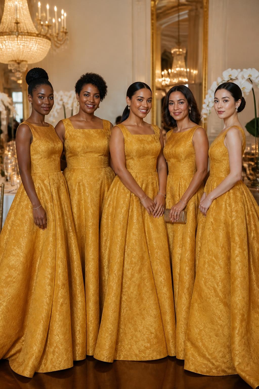 Realistic formal ballroom wedding portrait of five bridesmaids wearing amber yellow jacquard ball gowns with subtle woven botanical patterns, structured bateau and square necklines, defined waists, and full floor-length skirts, women with deep cool brown, rich warm brown, caramel, olive, and porcelain complexions, different ages, heights, and body shapes, bright poised faces with natural makeup, hairstyles including a high braided bun, short sculpted curls, glossy ponytail, shoulder-length waves, and a classic chignon, standing inside an elegant ballroom with ivory walls, antique chandeliers, candlelit tables, and white orchid arrangements, directional light revealing the woven pattern without excessive shine, realistic fabric weight and deep natural skirt folds, luxurious DSLR editorial photography.