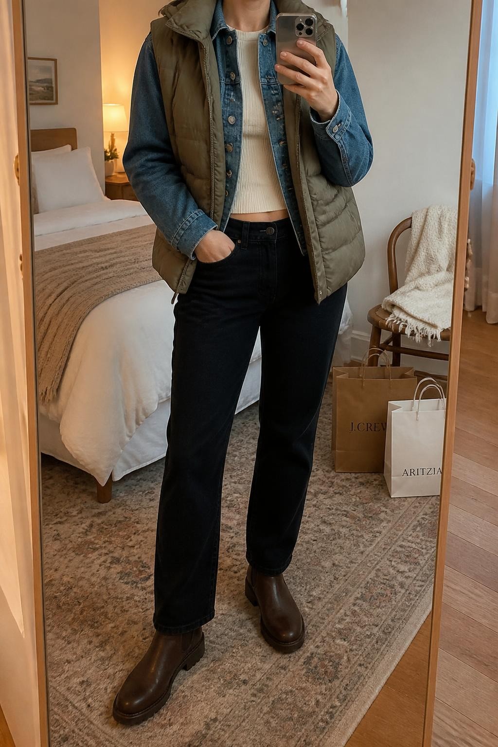 mirror selfie of a woman wearing an open olive quilted puffer vest over an open medium-wash cropped denim jacket layered above a cream fitted ribbed crewneck top, black straight-leg jeans, and dark brown weather-resistant ankle boots, clearly showing the exact clothing items, colors, fabrics, and boots listed in the Outfit Pieces section, holding a phone in front of a mirror, cropped at NECK so the face does not show, relaxed outdoor-ready selfie pose in a cozy bedroom mirror setup, evening golden hour light, with a folded blanket on a chair and shopping bags beside it, realistic quilting, denim, ribbed knit, and weather-resistant leather textures, latest iPhone photo quality