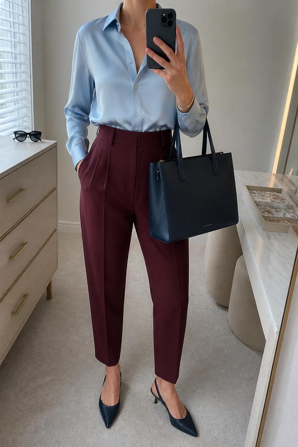 mirror selfie of a woman wearing a powder blue satin button-front blouse with the top button undone and the blouse tucked fully into burgundy high-waisted tapered trousers, navy pointed-toe slingback heels, a navy structured work bag, and a slim silver cuff bracelet, clearly showing the exact clothing items, colors, fabrics, shoes, bag, and bracelet listed in the Outfit Pieces section, holding a phone in front of a mirror, cropped at NECK so the face does not show, relaxed confident selfie pose in a minimal dressing room, natural window light, with a jewelry tray on the vanity and sunglasses placed on a dresser, realistic satin, trouser, and leather textures, latest iPhone photo quality