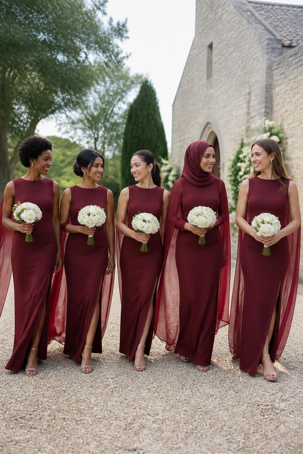 Realistic outdoor wedding photograph of five bridesmaids wearing ruby-maroon matte-crepe column gowns with clean boat necklines, sleeveless fitted bodices, softly defined waists, and long split chiffon cape panels falling from the shoulders down the back, women of West African, South Asian, East Asian, Middle Eastern, and European appearance with deep, golden brown, olive, tan, and fair complexions, bright expressive faces with realistic skin texture and subtle makeup, hairstyles including natural coils, a braided crown, softly wrapped hijab, polished ponytail, and loose waves, walking beside a pale stone countryside chapel surrounded by mature trees, ivory flowers, and dark green hedges, light breeze lifting the cape panels naturally, visible chiffon transparency, gentle shadows, and believable body proportions.