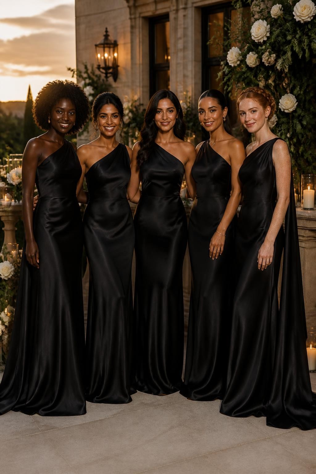 Realistic full-frame DSLR wedding photograph of five bridesmaids wearing floor-length black satin one-shoulder gowns with softly draped necklines and long fabric sashes falling from one shoulder, each dress adjusted slightly to flatter different body shapes, women with deep ebony, warm brown, olive, golden tan, and fair freckled skin, distinct bright beautiful faces, realistic skin texture, soft smiles, natural curls, a braided bun, glossy waves, and a sleek ponytail, standing on the candlelit terrace of an elegant stone estate, ivory roses and dark green foliage around them, warm sunset light reflecting naturally across the satin, visible fabric folds and slight movement in the skirts, refined editorial wedding photography, believable proportions and natural poses.