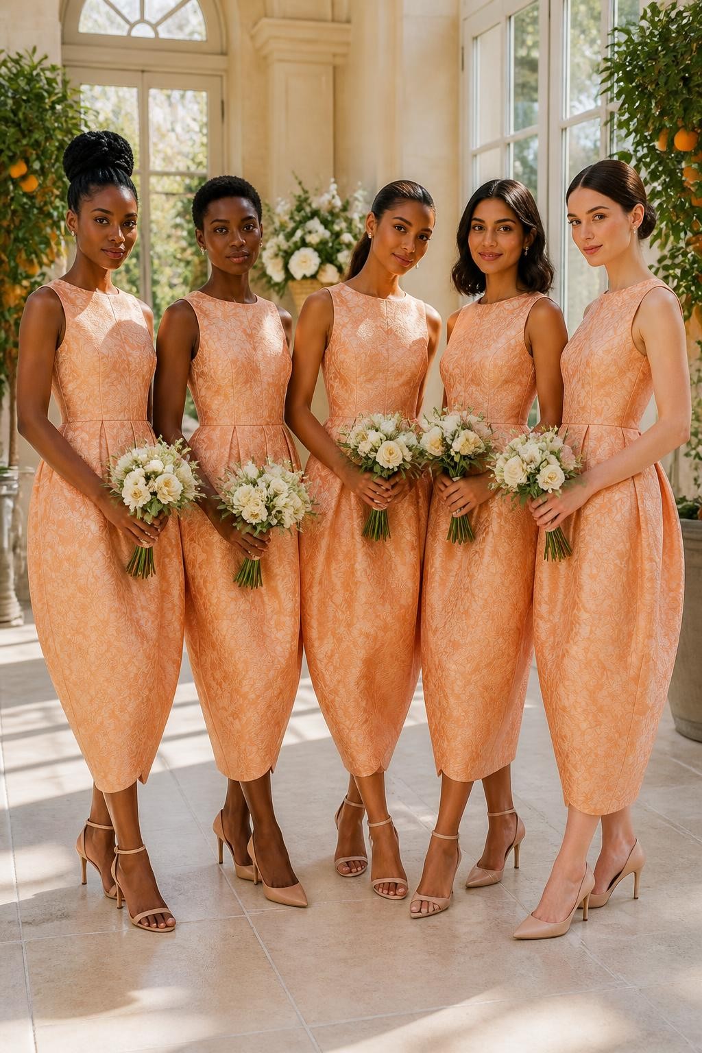 Realistic formal daytime wedding portrait of five bridesmaids wearing apricot jacquard midi dresses with tonal woven orange blossoms, curling vines, and abstract leaves, fitted portrait-neck bodices, softly pointed waistlines, and sculpted tulip skirts curving outward before narrowing near the lower calf, women with deep cool brown, rich warm brown, caramel, South Asian olive, and pale neutral complexions, naturally varied ages, heights, and body shapes, bright poised faces with distinctive features and realistic makeup, hairstyles including a high braided bun, cropped coils, glossy ponytail, shoulder-length waves, and classic chignon, standing inside a bright orangery with tall windows, potted citrus trees, ivory flowers, and pale limestone flooring, angled sunlight revealing the woven botanical pattern, realistic fabric stiffness, natural skirt folds, and elegant heels visible.
