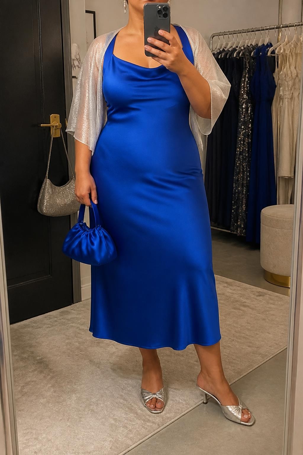 Mirror selfie of a plus size woman wearing a cobalt blue satin midi slip dress with wide supportive straps and a softly draped neckline, a cropped silver chiffon shawl resting over the shoulders, metallic silver kitten heels, a small cobalt satin handbag, and silver drop earrings, clearly showing the exact clothing items, cobalt satin, silver shawl, colors, fabrics, footwear, and accessories listed, holding a phone in front of a mirror, cropped at the neck so her face is hidden, relaxed elegant selfie pose, in a fashion studio mirror corner with soft indoor lighting, a handbag hanging on a door handle and a clothing rack with garments behind her, realistic cocktail wedding styling, latest iPhone photo quality.
