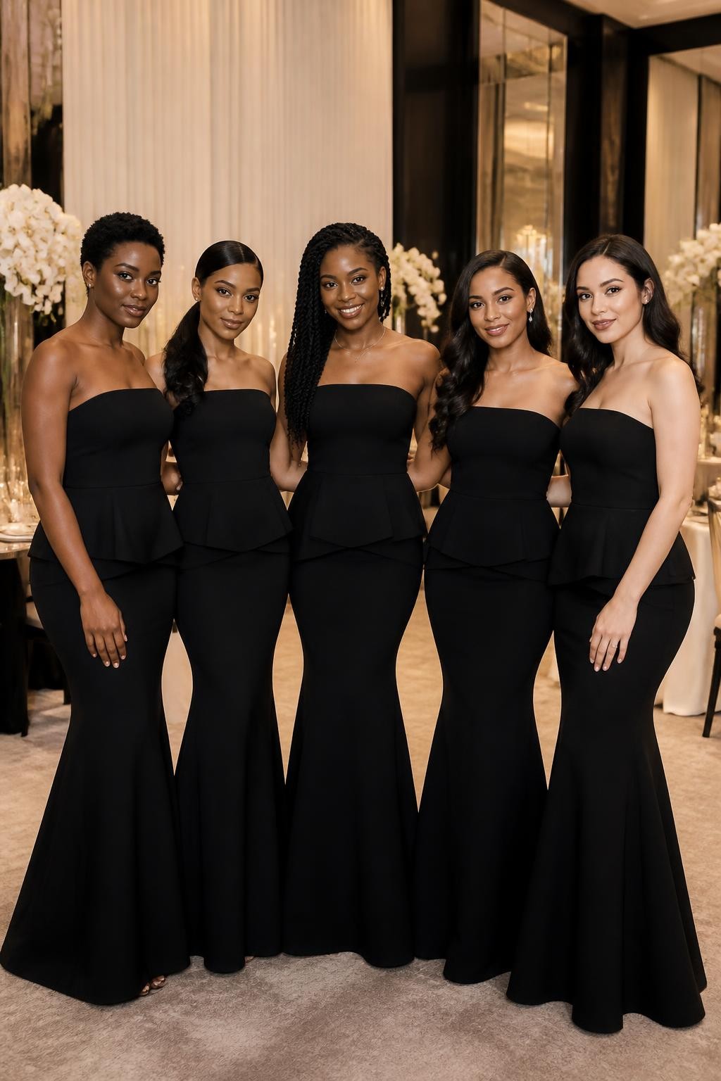 Realistic formal wedding photograph of five bridesmaids wearing black stretch-crepe mermaid gowns with clean strapless necklines, softly sculpted peplum panels at the waist, and skirts that flare below the knee, women with deep, warm brown, caramel, olive, and pale skin tones, different curves and heights represented naturally, bright elegant faces, natural skin detail and soft evening makeup, hairstyles including cropped coils, a side-part ponytail, long twists, and polished waves, standing inside a modern black-tie ballroom with ivory curtains, candlelit tables, white orchids, and mirrored walls, realistic fabric tension and folds, poised yet relaxed DSLR fashion photography.