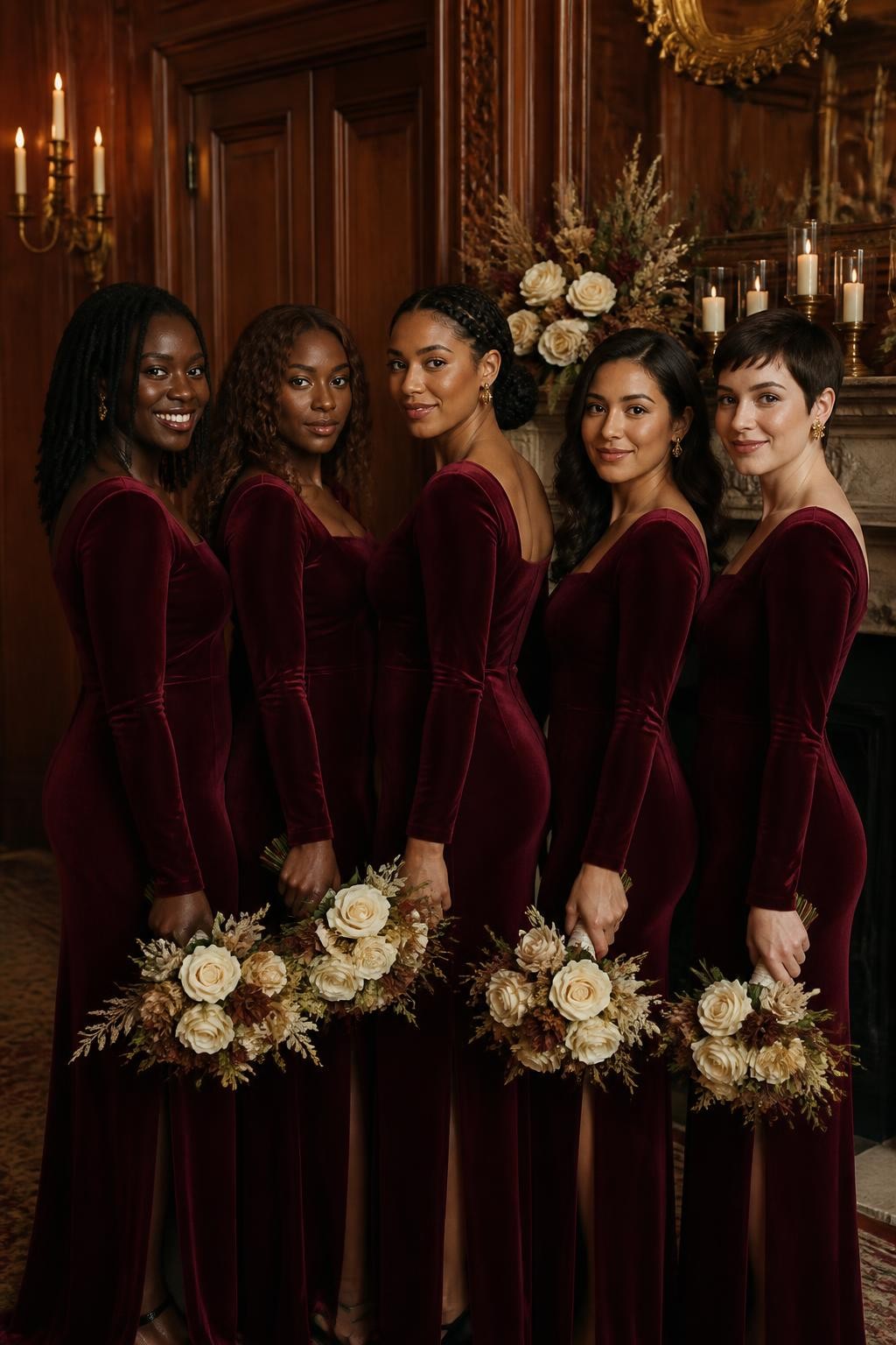 Realistic autumn wedding portrait of five bridesmaids wearing deep merlot velvet column gowns with wide square necklines, fitted waists, long sleeves, and subtle back slits, women with very deep brown, warm mahogany, medium golden, olive, and pale rosy skin tones, bright elegant faces with realistic skin texture and softly defined makeup, hairstyles including shoulder-length locs, sculpted curls, a low braided bun, glossy waves, and a short pixie cut, standing inside a historic wood-paneled venue decorated with taper candles, cream roses, dried foliage, and antique brass details, soft side lighting revealing the velvet pile and natural tonal changes, believable creases around the elbows and waist, refined DSLR editorial photography.