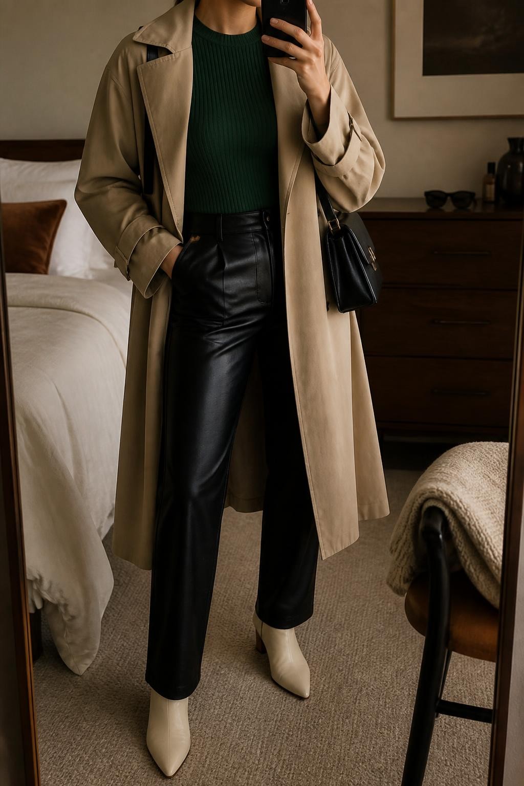 mirror selfie of a woman wearing an open stone beige oversized trench coat over a forest green fitted ribbed crewneck top, black high-waisted straight-leg faux-leather trousers, cream pointed-toe ankle boots, and a black structured shoulder bag, clearly showing the exact clothing items, colors, fabrics, boots, and bag listed in the Outfit Pieces section, holding a phone in front of a mirror, cropped at NECK so the face does not show, relaxed confident selfie pose in a cozy bedroom mirror setup, warm moody lighting, with a folded blanket on a chair and sunglasses placed on a dresser, realistic cotton, ribbed knit, faux-leather, and leather textures, latest iPhone photo quality