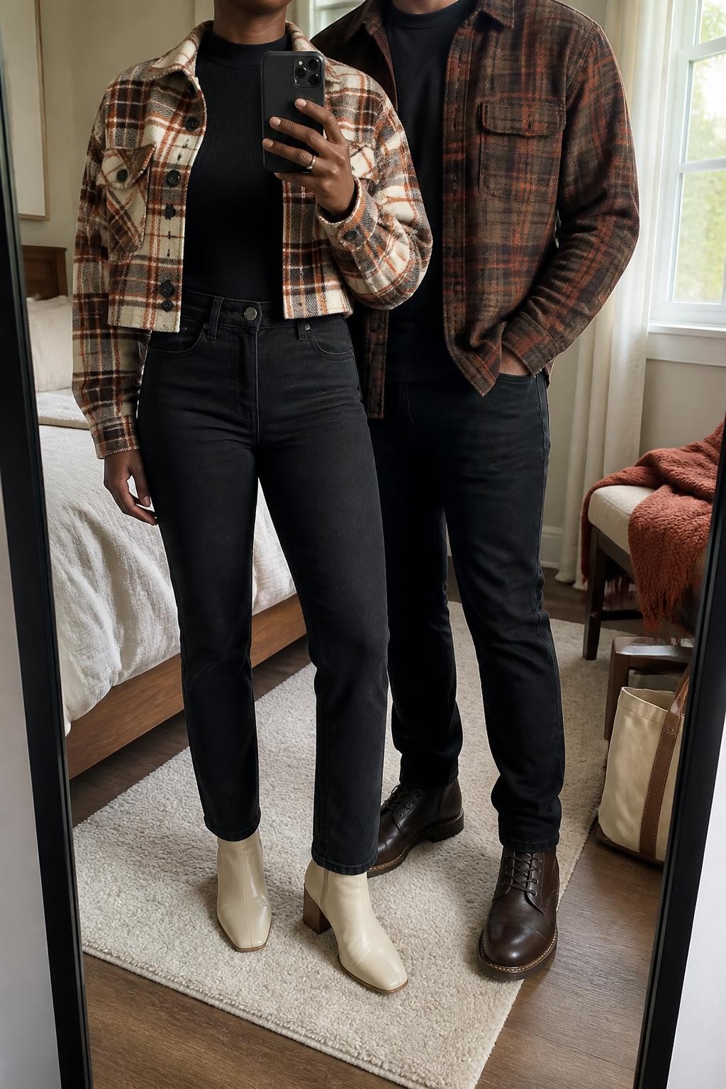 mirror selfie of a Black couple wearing coordinated brown and rust plaid fall outfits, the woman wearing an open cropped plaid shacket over a black fitted mock-neck top, black straight-leg jeans, and cream leather ankle boots, the man wearing an open brown and rust plaid wool-blend overshirt over a black crewneck T-shirt, black jeans, and dark brown lace-up boots, clearly showing the exact clothing items, colors, plaid patterns, fabrics, and footwear listed in the Outfit Pieces section, the woman holding a phone while the man stands close beside her, both cropped at NECK so their faces do not show, relaxed casual couple pose in a cozy bedroom mirror setup, natural window light, with a folded blanket on a chair and a tote bag resting on the floor, realistic wool, cotton, knit, denim, and leather textures, latest iPhone photo quality