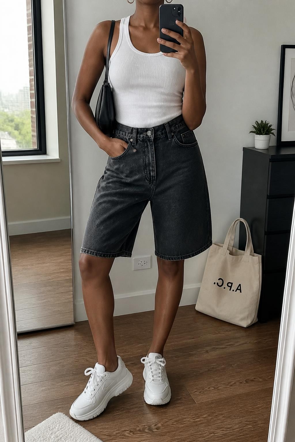 mirror selfie of a Black woman wearing relaxed knee-length faded black denim jorts, a fitted white ribbed cotton tank tucked into the shorts, chunky white sneakers, a smooth black leather shoulder bag and simple silver hoop earrings, wearing the exact outfit described above with no additional clothing pieces, holding a phone in front of a mirror, cropped at NECK so the face does not show, with a relaxed casual selfie pose, in a stylish city apartment, natural window light, tote bag resting on the floor and a small plant on a dresser, natural realistic proportions and fabric textures, latest iPhone photo quality.