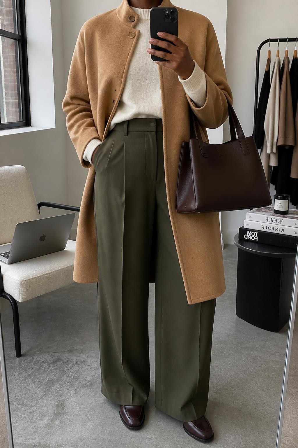 mirror selfie of a Black curvy woman wearing a camel wool-blend funnel-neck coat partly fastened at the top over a cream fine-knit crewneck sweater with a small front tuck, olive high-waisted wide-leg trousers, dark brown leather loafers, and a chocolate structured tote bag, clearly showing the exact clothing items, colors, fabrics, shoes, and bag listed in the Outfit Pieces section, holding a phone in front of a mirror, cropped at NECK so the face does not show, relaxed professional selfie pose in a fashion studio mirror corner, natural window light, with a laptop on a chair and a stack of fashion magazines on a side table, realistic wool, knit, trouser, and leather textures, latest iPhone photo quality