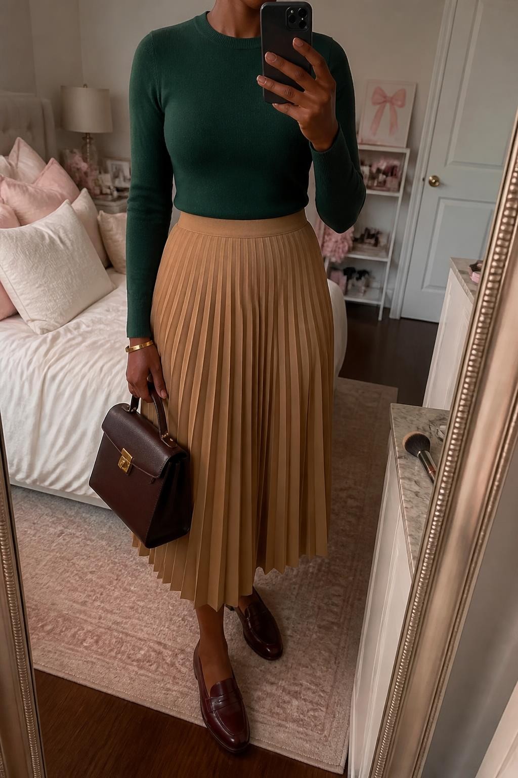 mirror selfie of a Black woman wearing a forest green fitted fine-knit sweater tucked fully into a camel pleated midi skirt, burgundy leather loafers, a chocolate structured top-handle bag, and a slim gold cuff bracelet, clearly showing the exact clothing items, colors, fabrics, shoes, bag, and bracelet listed in the Outfit Pieces section, holding a phone in front of a mirror, cropped at NECK so the face does not show, relaxed polished selfie pose in a feminine-themed bedroom, soft indoor lighting, with soft pillows on an unmade bed and a makeup brush on a nearby counter, realistic fine knit, pleated fabric, and leather textures, latest iPhone photo quality