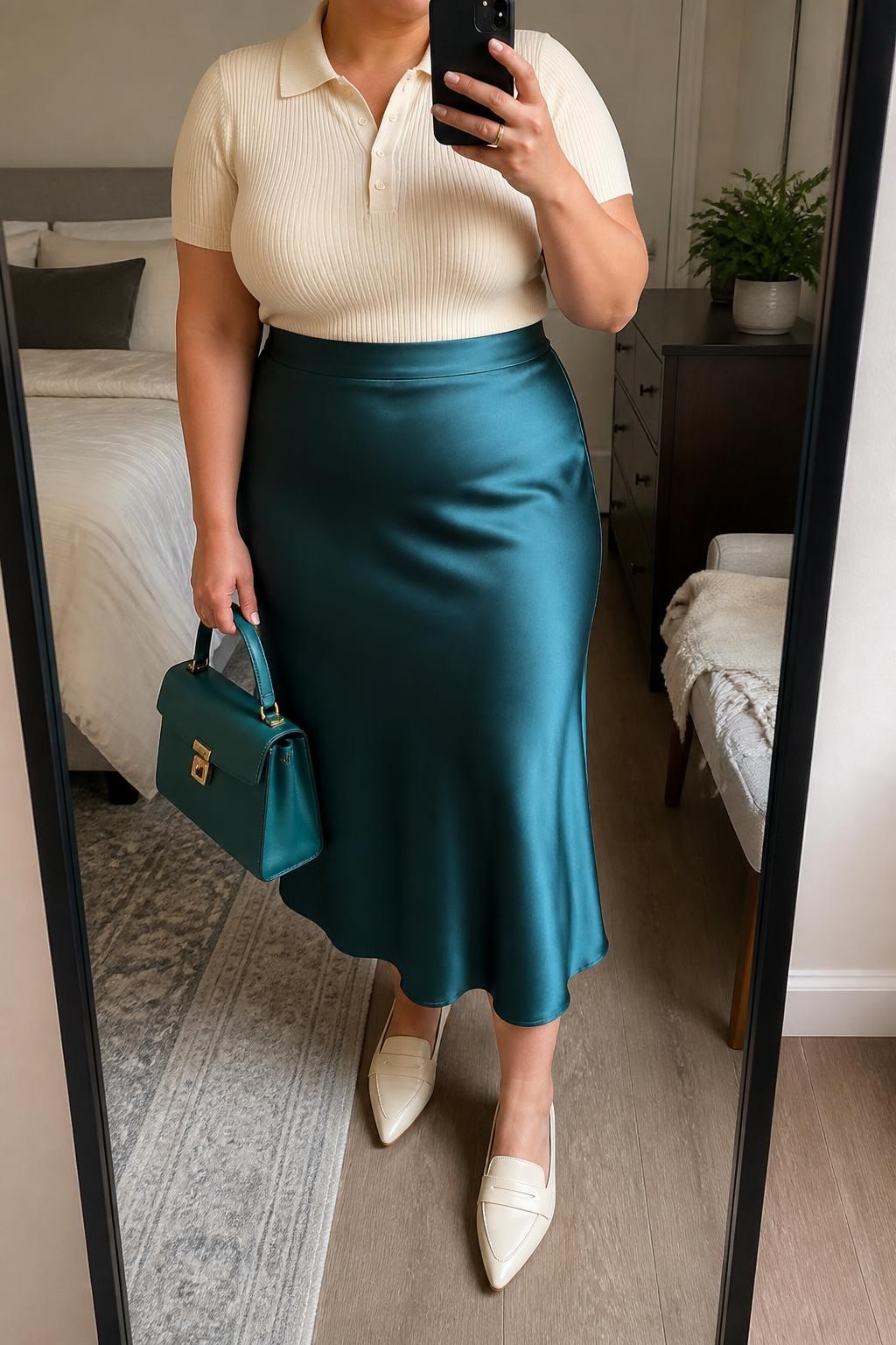 Mirror selfie of a plus size woman wearing a teal green high-waisted satin midi skirt with a fluid bias-cut shape, a fitted cream short-sleeve knit polo, cream pointed leather loafers, a structured teal top-handle bag, and delicate gold stud earrings, clearly showing the exact clothing items, teal satin, cream knit, footwear, and accessories listed, holding a phone in front of a mirror, cropped at the neck so the face does not appear, relaxed polished selfie pose, in a cozy bedroom mirror setup with soft indoor lighting, a folded blanket on a chair and a small plant on a dresser, realistic daytime outfit, latest iPhone photo quality.