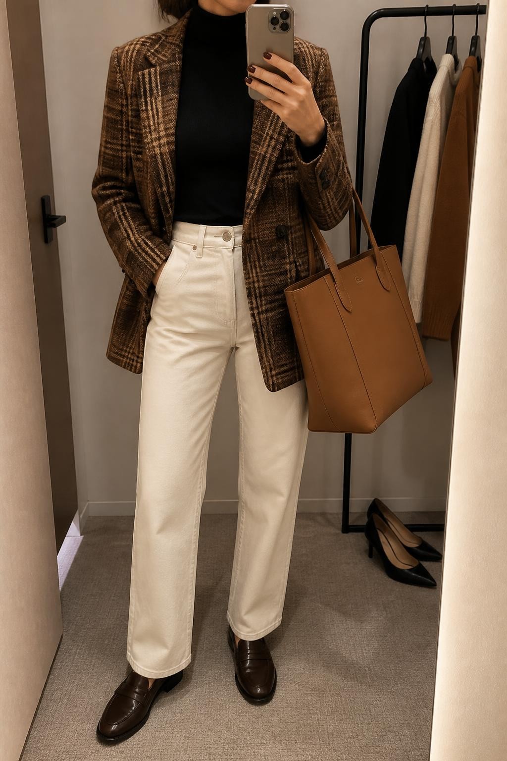 mirror selfie of a woman wearing an open brown and camel plaid wool-blend blazer over a black fitted fine-knit turtleneck tucked fully into ecru high-rise straight-leg jeans, dark brown leather penny loafers, and a tan structured tote bag, clearly showing the exact clothing items, colors, plaid pattern, fabrics, shoes, and bag listed in the Outfit Pieces section, holding a phone in front of a mirror, cropped at NECK so the face does not show, relaxed professional selfie pose in a minimal dressing room, warm moody lighting, with a clothing rack holding a few garments behind her and a pair of heels on the floor nearby, realistic wool, fine knit, denim, and leather textures, latest iPhone photo quality