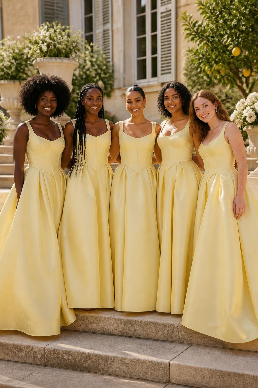 Realistic full-frame DSLR wedding photograph of five bridesmaids wearing butter yellow gowns with softly structured corset bodices, wide square necklines, curved basque waists, and full ballerina-inspired floor-length skirts in matte silk faille, women with deep ebony, rich mahogany, warm golden brown, light olive, and fair freckled skin, naturally varied heights, bust sizes, and body shapes, bright beautiful faces with distinct features, visible natural skin texture, individually suited soft-glam makeup, hairstyles including a rounded afro, waist-length braids, sleek low bun, shoulder-length curls, and soft waves, standing on the pale stone steps of a countryside manor surrounded by white roses, lemon trees, and cream urns, clear late-morning sunlight, believable fabric weight, visible seams, deep skirt folds, and subtle creases around the waist, relaxed editorial wedding photography.