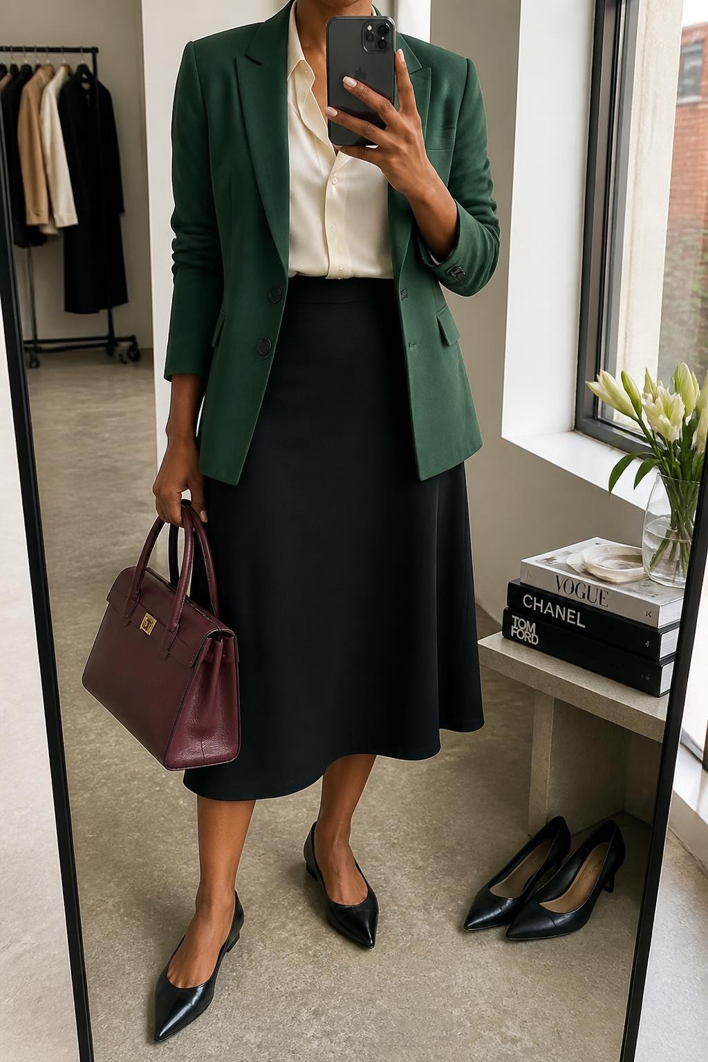 mirror selfie of a Black woman wearing a forest green tailored blazer with the sleeves pushed slightly above the wrists, a cream satin button-front blouse tucked smoothly into a black A-line midi skirt, black pointed-toe leather flats, and an oxblood structured handbag, clearly showing the exact clothing items, colors, fabrics, shoes, and bag listed in the Outfit Pieces section, holding a phone in front of a mirror, cropped at NECK so the face does not show, relaxed confident selfie pose in a fashion studio mirror corner, natural window light, with a stack of fashion magazines on a side table and a pair of heels on the floor nearby, realistic satin, tailoring, and leather textures, latest iPhone photo quality
