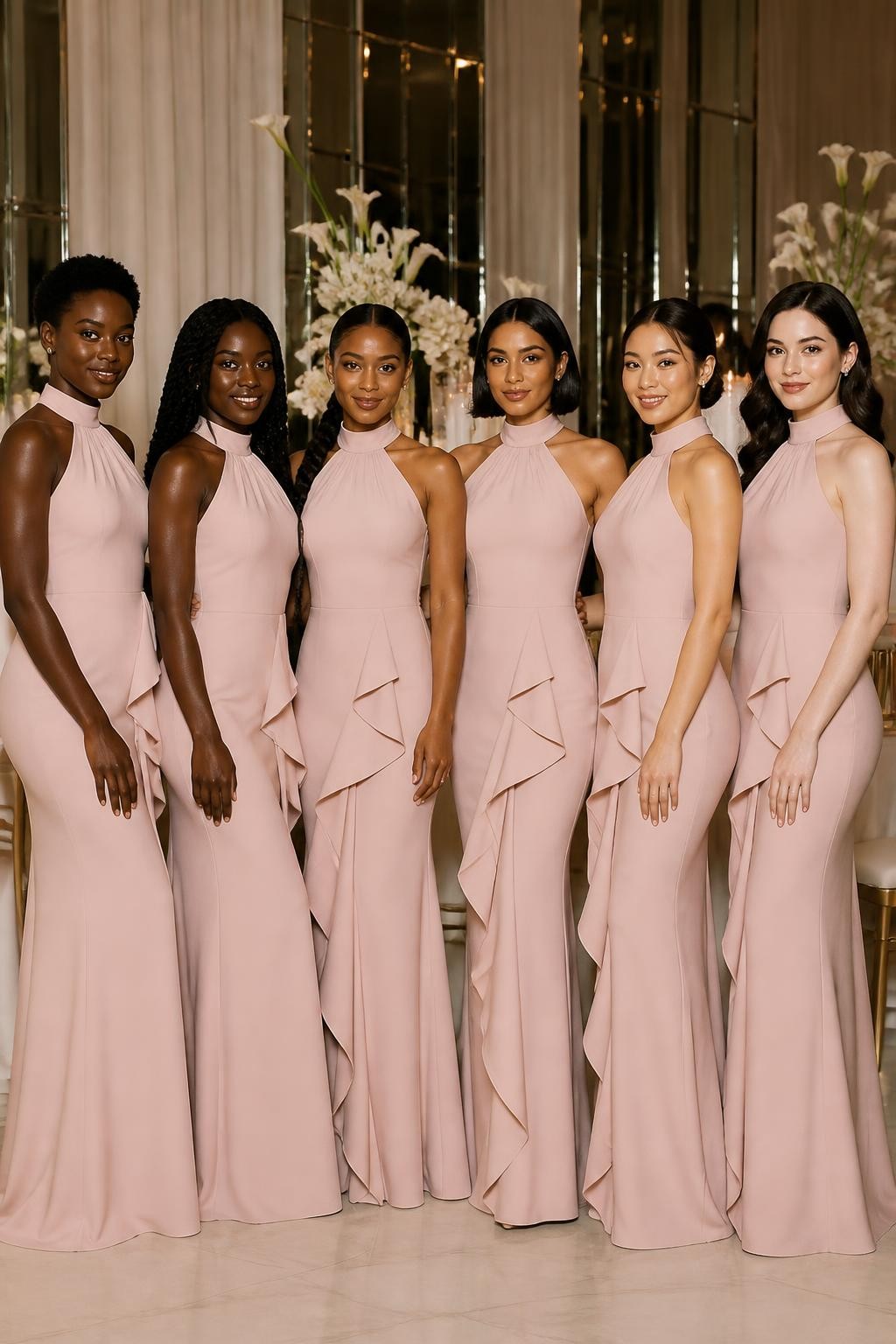 Realistic formal wedding portrait of six bridesmaids wearing soft blush matte-crepe column gowns with high gathered halter necklines, sculpted waterfall peplum panels flowing diagonally from the waist, and slim floor-length skirts with discreet back slits, women with deep ebony, cool dark brown, cinnamon, golden olive, East Asian beige, and porcelain complexions, different shoulder widths, bust sizes, heights, and body shapes represented naturally, bright confident faces with realistic evening makeup and distinct features, hairstyles including cropped coils, long twists, braided ponytail, sleek bob, polished chignon, and brushed waves, standing inside a contemporary ballroom with ivory curtains, sculptural white flowers, mirrored walls, and candlelit tables, directional lighting showing the smooth matte fabric, precise seams, natural waist folds and believable body proportions.
