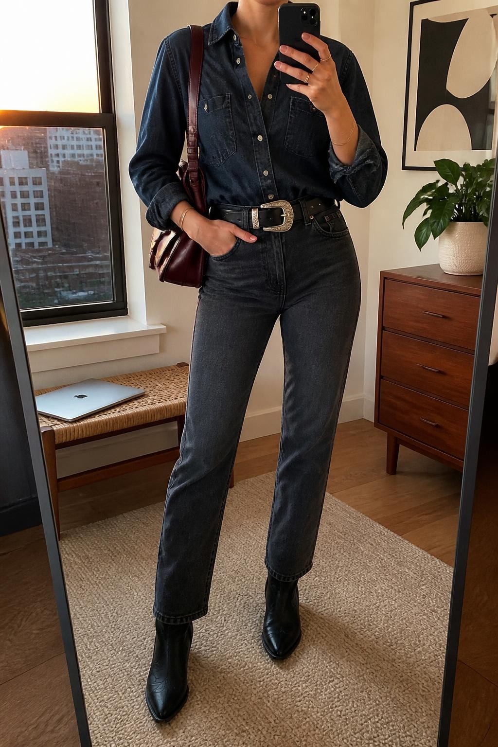 mirror selfie of a woman wearing a dark-wash denim button-down shirt tucked into charcoal high-rise straight-leg jeans, a black leather Western buckle belt with the buckle fully visible, black leather cowboy boots, and a burgundy structured shoulder bag, clearly showing the exact clothing items, colors, fabrics, belt, buckle, boots, and bag listed in the Outfit Pieces section, holding a phone in front of a mirror, cropped at NECK so the face does not show, relaxed confident selfie pose in a stylish city apartment, evening golden hour light, with a laptop on a bench and a small plant on a dresser, realistic denim, leather, and metal buckle textures, latest iPhone photo quality