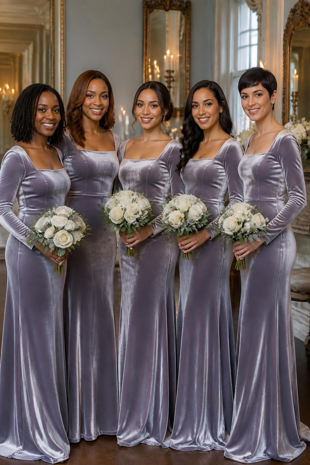 Realistic cool-season wedding photograph of five bridesmaids wearing icy lavender velvet gowns with wide square necklines, fitted waists, long sleeves, and softly flared floor-length skirts, women with very deep brown, warm reddish brown, medium golden, olive, and pale neutral skin tones, bright elegant faces with realistic pores and softly defined makeup, hairstyles including shoulder-length locs, sculpted curls, low braided bun, glossy waves, and short pixie cut, standing inside a historic reception room with pale grey walls, antique mirrors, taper candles, white roses, and silver details, soft window light revealing the velvet pile and gentle changes between lavender and silver tones, natural creases around the sleeves and waist, refined DSLR editorial photography.