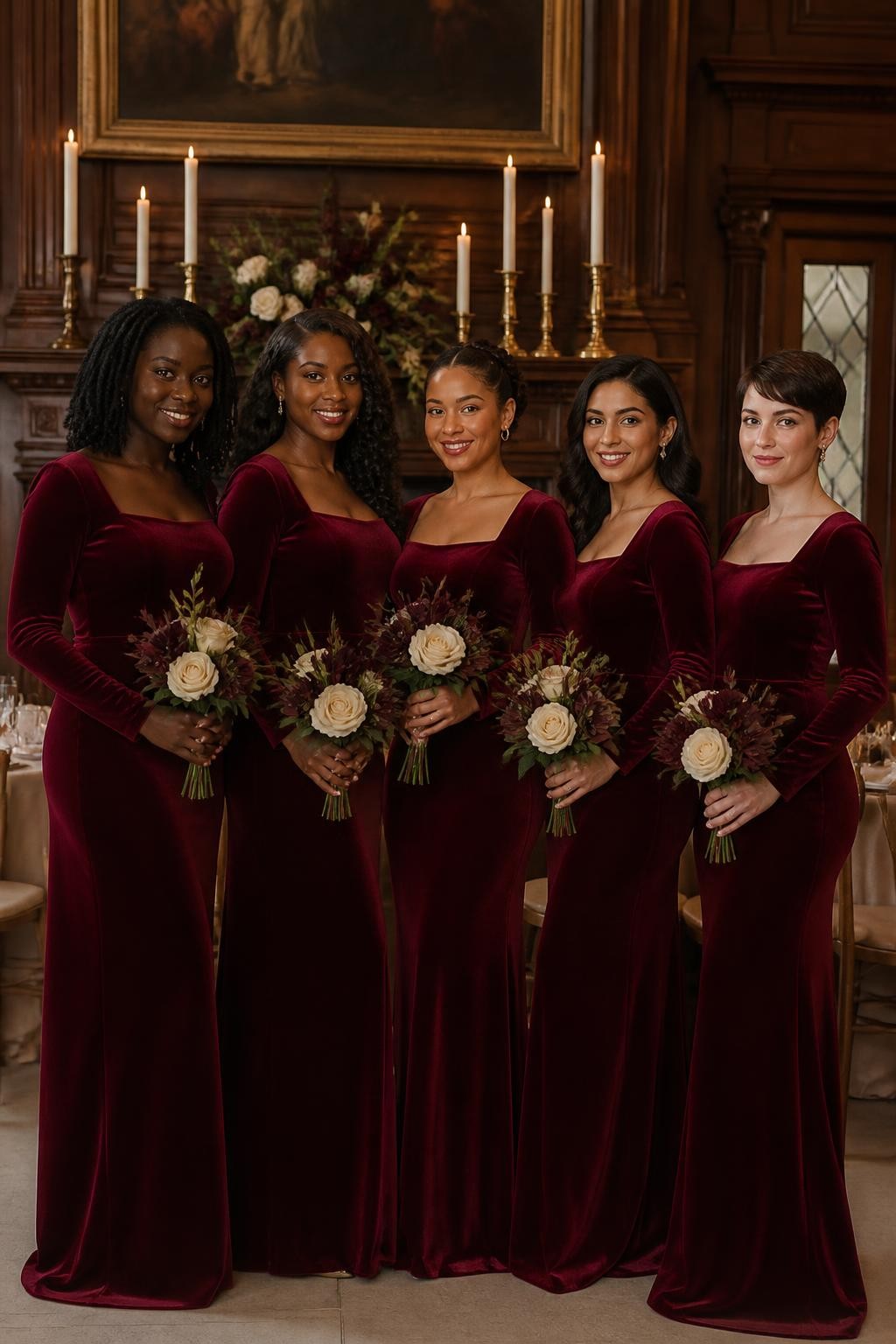 Realistic autumn wedding portrait of five bridesmaids wearing rich ruby red velvet column gowns with wide square necklines, fitted waists, long sleeves, and subtle back slits, women with very deep brown, warm mahogany, medium golden, olive, and pale rosy skin tones, bright elegant faces with realistic texture and softly defined seasonal makeup, hairstyles including shoulder-length locs, sculpted curls, a braided low bun, glossy waves, and a short pixie cut, standing inside a historic wood-paneled reception hall decorated with ivory taper candles, cream roses, dark foliage, and antique brass details, soft side lighting revealing the velvet pile and natural tonal shifts, believable creases at the elbows and waist.