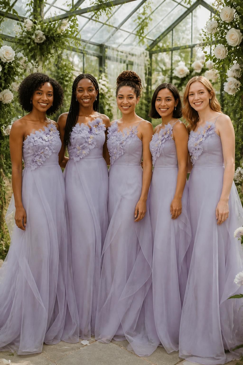 Realistic greenhouse wedding portrait of five bridesmaids wearing pale lavender organza gowns with handmade three-dimensional iris flowers positioned asymmetrically along one shoulder and across the upper bodice, fitted opaque linings, softly shaped waists, and airy layered floor-length skirts, women with deep mahogany, rich brown, medium golden, olive, and fair peach skin tones, naturally varied ages and body proportions, bright beautiful faces with realistic highlights and individual smiles, hairstyles including springy coils, long braids, twisted updo, polished bob, and loose waves, standing inside a glass botanical greenhouse filled with white roses, climbing greenery, ferns, and diffused daylight, translucent lavender organza catching the light softly, individual petals casting tiny natural shadows, visible hand-finished flower edges, and gentle movement through the skirts.