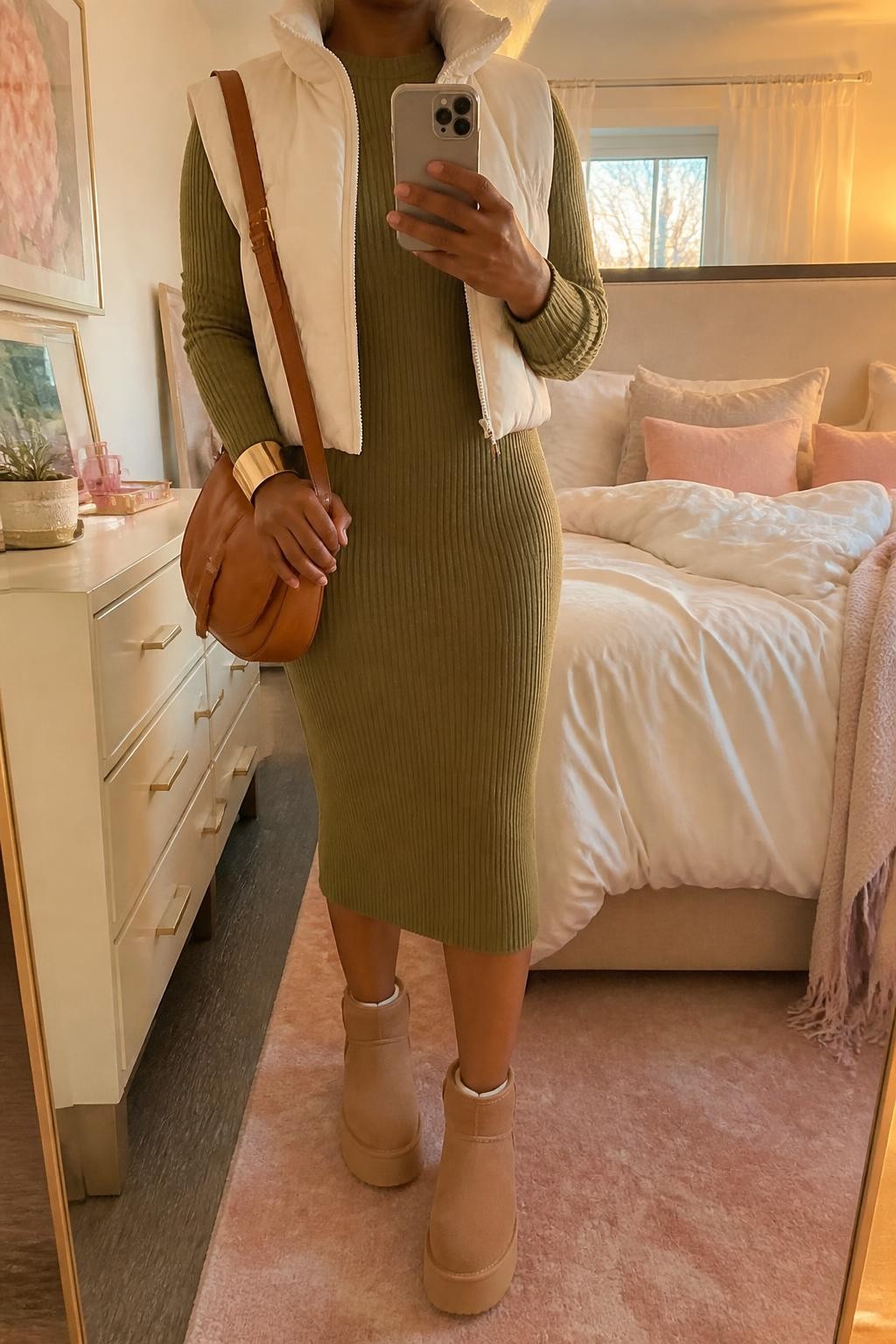 mirror selfie of a Black woman wearing an olive ribbed knit midi sweater dress with a hem stopping several inches above sand platform mini Ugg boots, an open cream cropped quilted vest, a cognac leather shoulder bag, and a wide brushed gold cuff, clearly showing the exact clothing items, colors, fabrics, boots, bag, and bracelet listed in the Outfit Pieces section, holding a phone in front of a mirror, cropped at NECK so the face does not show, relaxed confident selfie pose in a feminine-themed bedroom, evening golden hour light, with soft pillows on an unmade bed and a small plant on a dresser, realistic ribbed knit, quilting, suede, and leather textures, latest iPhone photo quality