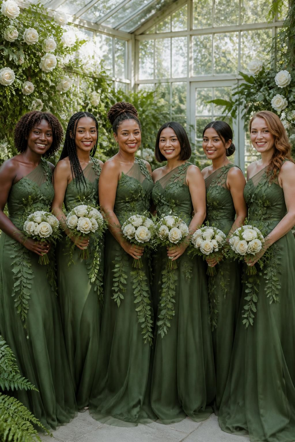 Realistic greenhouse wedding portrait of six bridesmaids wearing deep moss green organza gowns with handmade three-dimensional leaves and delicate vine appliqués placed asymmetrically over one shoulder and lightly across the upper skirts, fitted opaque bodices, softly shaped waists, and airy layered floor-length skirts, women with deep mahogany, rich brown, reddish brown, medium golden, South Asian olive, and fair peach skin tones, naturally varied ages and body proportions, bright beautiful faces with individual smiles and realistic highlights, hairstyles including springy coils, long braids, twisted updo, polished bob, smooth bun, and loose waves, standing inside a glass botanical greenhouse filled with white roses, climbing greenery, ferns, and diffused daylight, translucent green organza catching the light softly, appliqué leaves casting tiny natural shadows, visible hand-finished edges, and gentle skirt movement.