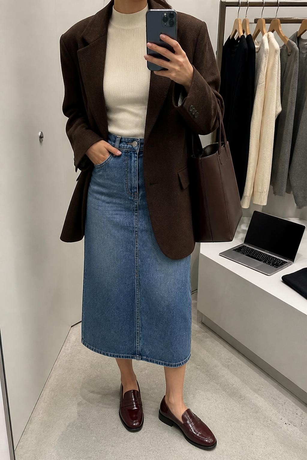 Mirror selfie of a woman wearing a medium-wash A-line denim midi skirt, fitted ivory mock-neck top, oversized chocolate-brown wool blazer, burgundy leather loafers, and a structured dark brown tote bag, clearly showing the exact clothing items, colors, fabrics, and accessories listed, holding a phone in front of a minimal dressing room mirror, cropped at the neck so the face does not show, relaxed casual selfie pose, soft indoor lighting, a clothing rack with garments behind and a laptop on a bench, polished yet natural, latest iPhone photo quality.