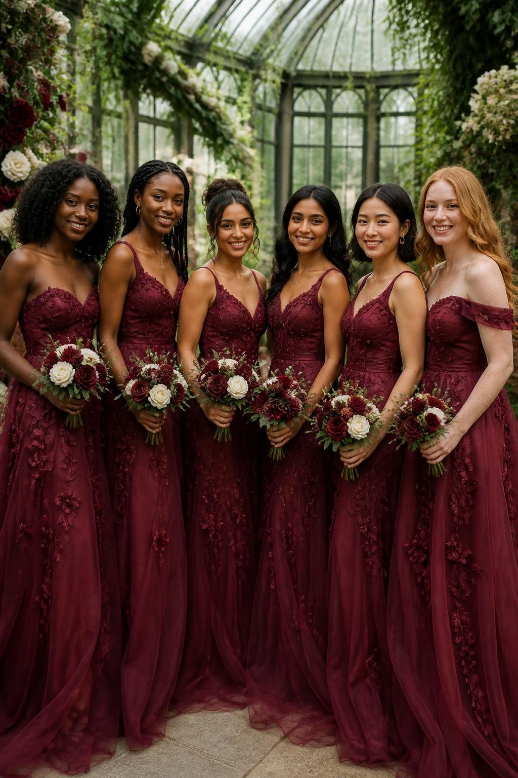 Realistic greenhouse wedding portrait of six bridesmaids wearing burgundy organza gowns with delicate three-dimensional floral appliqués scattered across fitted bodices and layered skirts, necklines varying between narrow straps, soft scoop, and off-shoulder shapes, women with deep mahogany, rich brown, medium golden, South Asian olive, East Asian fair, and pale freckled skin tones, bright joyful faces, realistic skin highlights and fresh makeup, hairstyles including natural curls, box braids, a twisted updo, polished bob, sleek bun, and loose waves, standing inside a glass botanical greenhouse filled with white roses, climbing greenery, deep red flowers, and soft daylight, translucent organza layers catching light naturally, appliqué petals casting tiny realistic shadows, elegant photo-realistic DSLR wedding fashion.