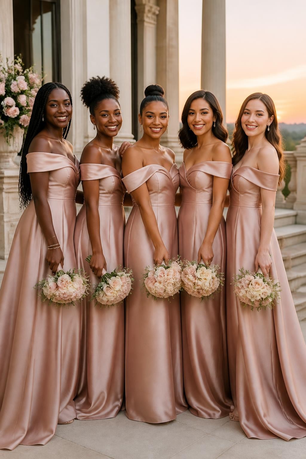 Realistic luxury wedding portrait of bridesmaids wearing rosé champagne off-shoulder gowns with softly folded necklines, fitted satin bodices, and flowing A-line skirts, women with cool deep brown, warm mahogany, caramel, olive, and pale rosy skin tones, bright smiling faces, realistic skin texture, soft brown, bronze, and berry makeup tones, hairstyles including long locs, a high curly puff, sculpted bun, layered bob, and brushed waves, standing on the terrace of a grand estate with pale pink roses, cream columns, stone steps, and a hazy sunset behind them, realistic satin sheen with small natural wrinkles at the waist and elbows, refined full-frame DSLR fashion photography.