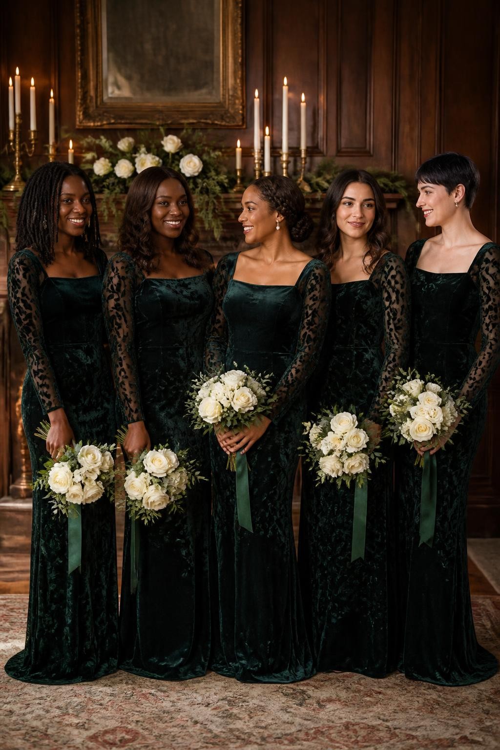 Realistic winter wedding portrait of five bridesmaids wearing hunter green velvet burnout gowns with semi-sheer botanical patterns woven through the long sleeves and upper skirts, wide square necklines, fitted waists, and soft floor-length column silhouettes, women with very deep brown, warm mahogany, medium golden, olive, and pale rosy skin tones, bright elegant faces with realistic pores and softly defined evening makeup, hairstyles including shoulder-length locs, sculpted curls, low braided bun, glossy waves, and short pixie cut, standing inside a historic reception hall with dark wood walls, ivory taper candles, white roses, antique brass details, and evergreen garlands, warm side lighting revealing the raised velvet leaves and transparent sections, natural creases at the elbows and waist.