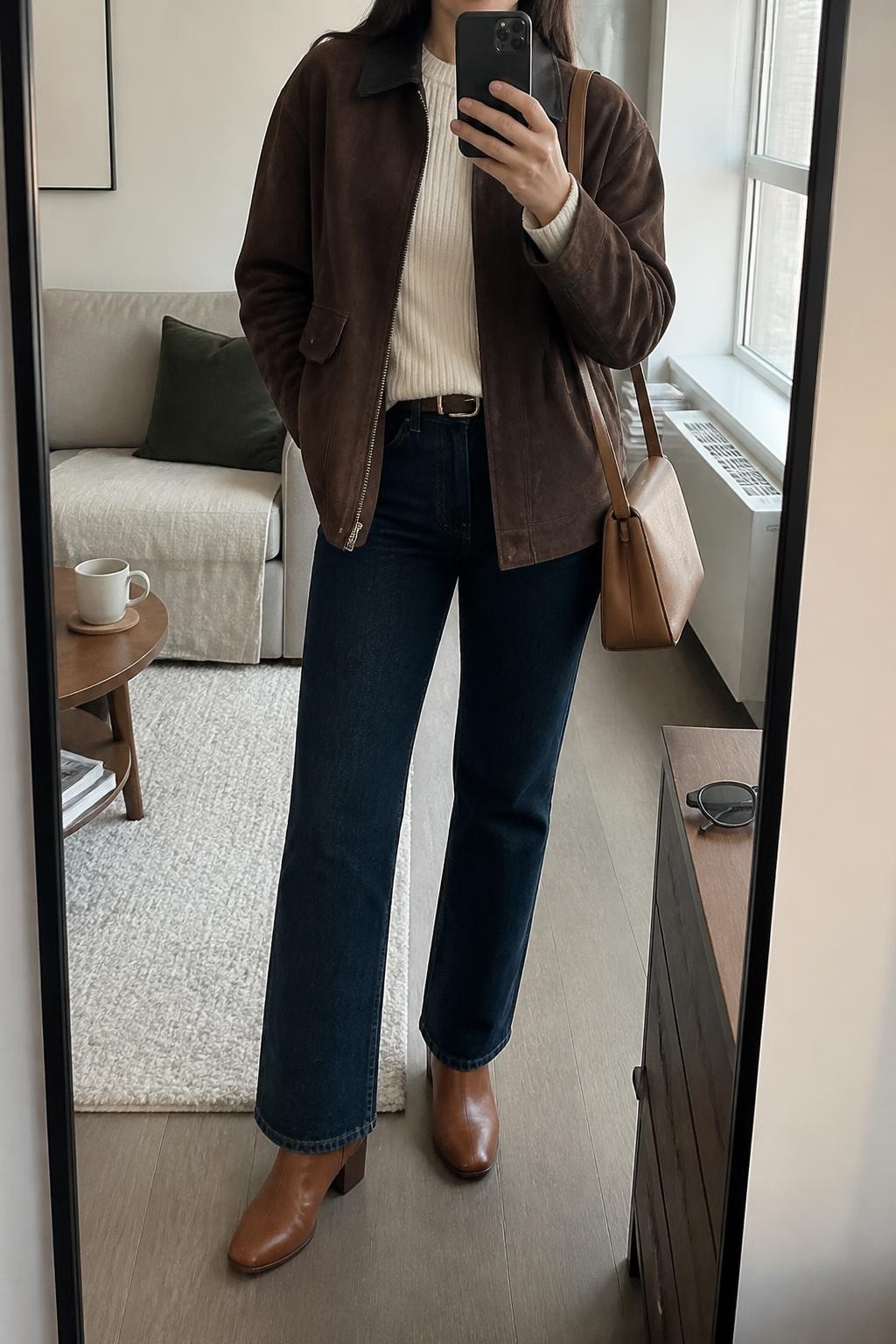 mirror selfie of a midsize woman wearing a chocolate brown suede barn jacket left open over an ivory ribbed crewneck sweater, dark-wash straight-leg jeans, cognac leather ankle boots, and a structured tan shoulder bag, clearly showing the exact clothing items, colors, fabrics, boots, and bag listed in the Outfit Pieces section, holding a phone in front of a full-length mirror, cropped at NECK so the face does not show, relaxed casual selfie pose in a stylish city apartment, natural window light, with a coffee mug on a side table and sunglasses placed on a dresser, realistic suede and denim textures, natural body posture, unstaged everyday setting, latest iPhone photo quality