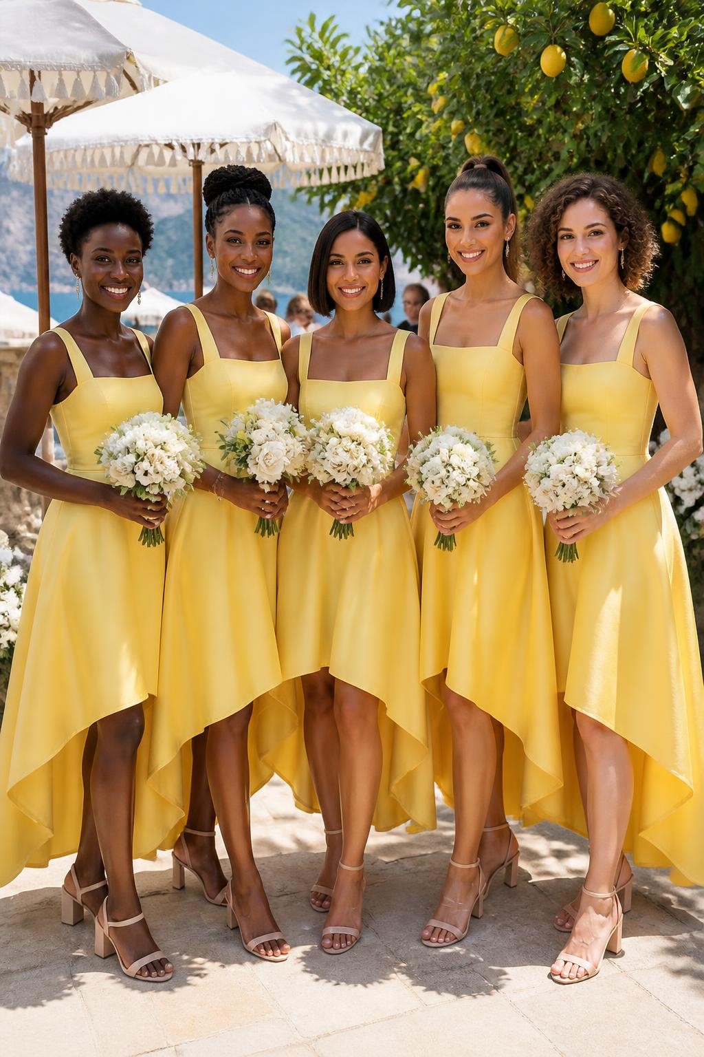Realistic summer wedding photograph of five bridesmaids wearing canary yellow high-low dresses with fitted square-neck bodices and sculpted skirts falling below the knee in front and close to the ankle at the back, women with very deep brown, dark warm brown, golden tan, light olive, and fair peach skin tones, bright smiling faces with distinct features, realistic makeup and natural skin detail, hairstyles including short coils, braided updo, sleek bob, high ponytail, and soft curls, standing on a colorful coastal terrace with white umbrellas, lemon trees, cream flowers, pale stone floors, and blue water visible in the distance, natural breeze lifting the hems, elegant block heels visible, believable shadows and crisp DSLR wedding photography.