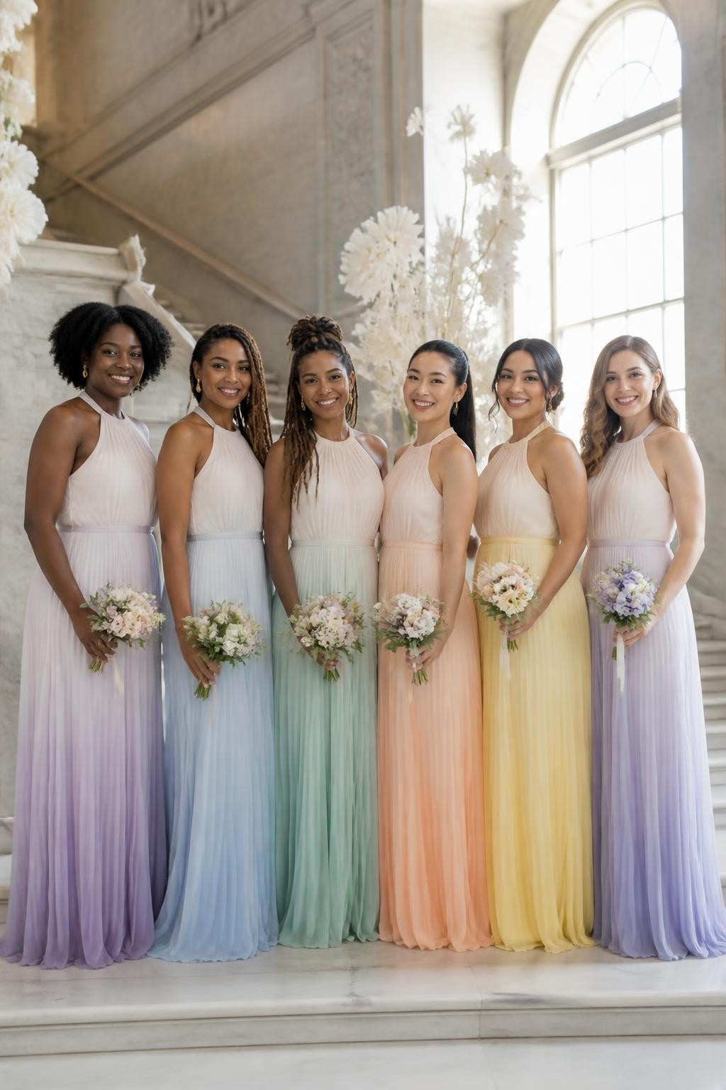 Realistic artistic wedding photograph of six bridesmaids wearing floor-length pleated chiffon gowns with subtle ombre color transitions, each dress beginning with a pale ivory or blush bodice and gradually fading into lavender, powder blue, mint, peach, butter yellow, or periwinkle near the hem, simple gathered necklines and softly defined waists, women with deep ebony, rich brown, warm caramel, olive, East Asian light beige, and fair rosy complexions, bright beautiful faces and realistic smiles, varied ages and body shapes, hairstyles including natural coils, long braids, locs, glossy ponytail, smooth bun, and loose waves, standing on a wide marble staircase inside a light-filled museum, sculptural white flowers and tall windows behind them, soft daylight showing smooth color transitions, believable chiffon transparency, fine pleat texture, and natural skirt movement.
