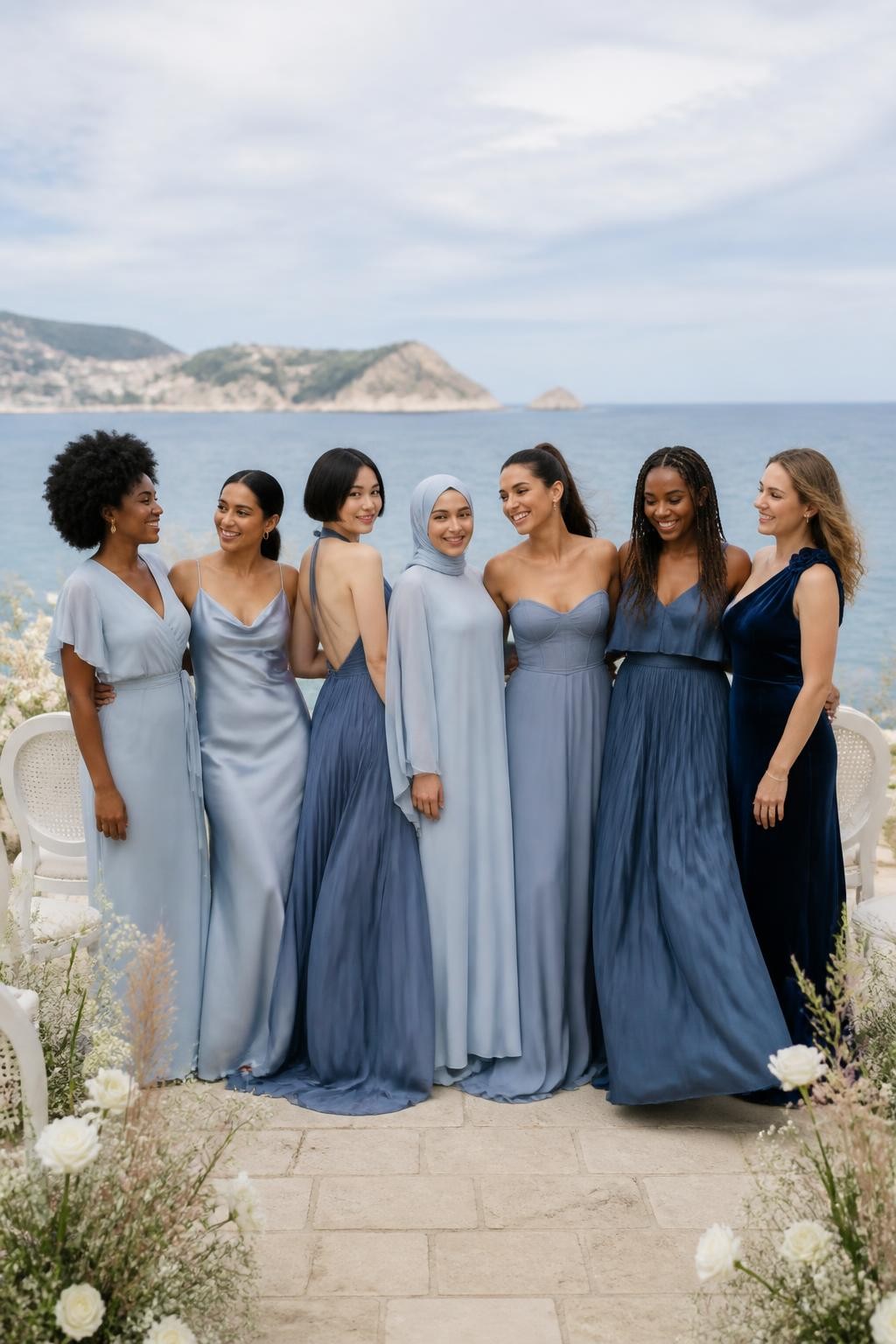 Realistic coastal wedding photograph of seven bridesmaids wearing mismatched gowns in pale mist blue, powder blue, dusty blue, faded denim, slate, storm blue, and deep navy, fabrics including chiffon, satin, matte crepe, velvet, pleated georgette, and organza, silhouettes including a flutter-sleeve wrap dress, cowl-neck column, open-back halter gown, cape-sleeve dress, softly corseted A-line gown, drop-waist design, and rosette-shoulder dress, women of West African, South Asian, East Asian, Middle Eastern, Latina, and European appearance with deep, medium, olive, golden, tan, and fair skin tones, bright relaxed faces with natural expressions, varied body shapes and heights, hairstyles including coils, locs, braids, a softly styled hijab, sleek bob, ponytail, and windblown waves, standing on a pale stone terrace overlooking calm blue water with white flowers, grasses, and cream ceremony chairs, natural ocean breeze creating believable skirt movement.