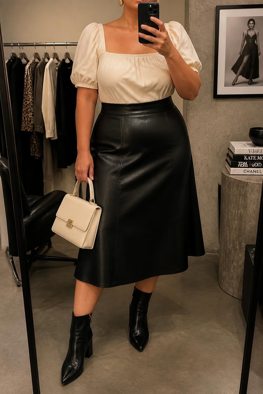 Mirror selfie of a plus size woman wearing a black high-waisted faux-leather A-line midi skirt, an ivory cotton blouse with short puff sleeves and a square neckline, black pointed ankle boots with block heels, a structured ivory top-handle bag, and chunky gold cuff earrings, clearly showing the exact clothing items, black leather texture, ivory blouse, sleeve shape, footwear, and accessories listed, holding a phone in front of a mirror, cropped at the neck so her face does not appear, relaxed confident selfie stance, in a fashion studio mirror corner with warm moody lighting, a clothing rack with garments behind her and a stack of fashion magazines on a side table, realistic date-night outfit, latest iPhone photo quality.