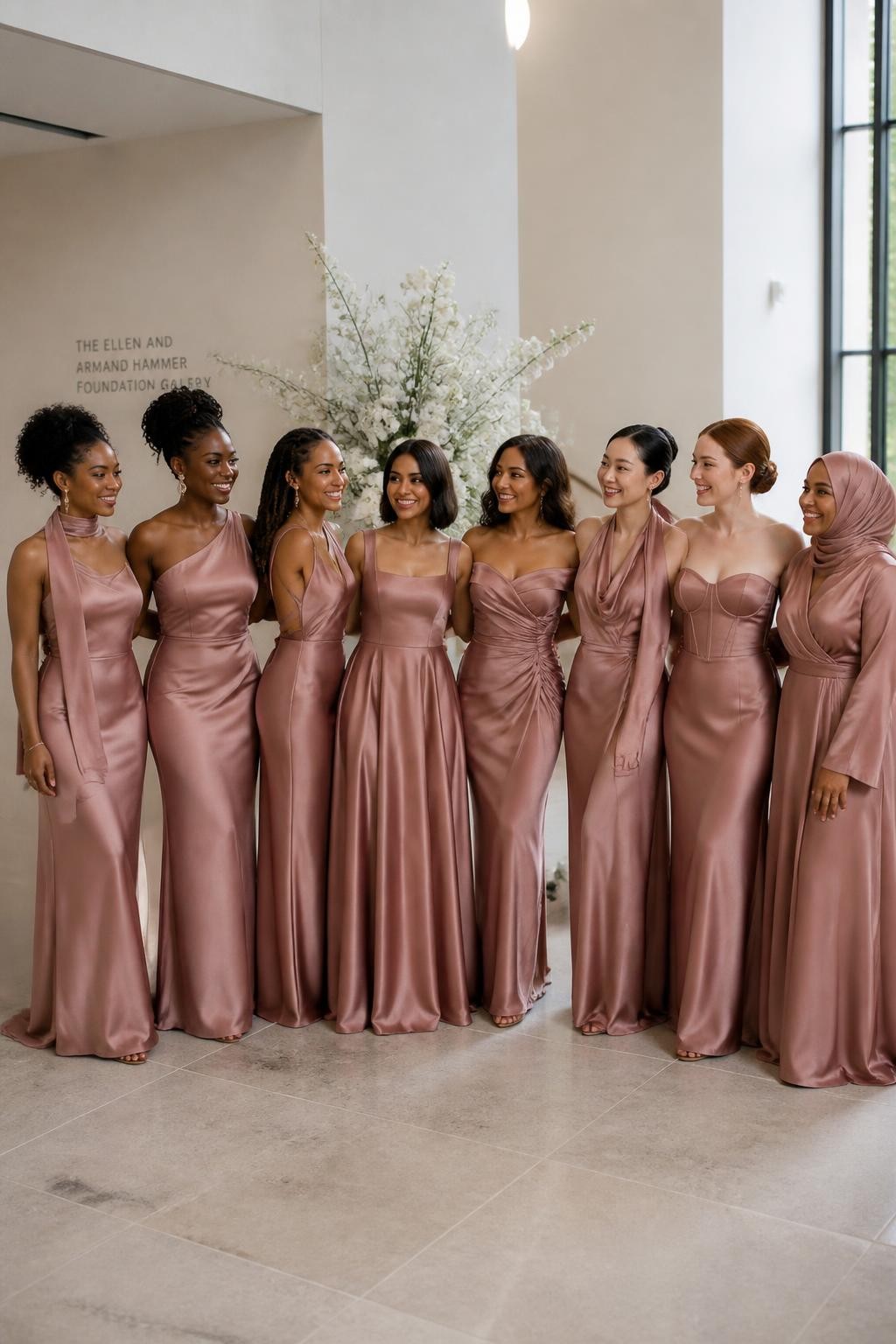 Realistic modern wedding photograph of eight bridesmaids wearing different silhouettes made from the same muted rose satin fabric, including a scarf-neck slip dress, one-shoulder gown, high-neck open-back column, square-neck A-line dress, off-shoulder ruched gown, softly draped halter, corset basque-waist gown, and long-sleeved wrap dress, women with very deep brown, dark warm brown, medium brown, golden tan, olive, East Asian fair, and pale freckled skin tones, broad variation in age, height, and body shape, bright beautiful faces with distinct features and natural smiles, hairstyles including coils, locs, braids, waves, bobs, sleek buns, ponytails, and softly styled hijab, standing inside a minimalist gallery wedding venue with pale walls, stone floors, sculptural white flowers, and large windows, identical fabric responding consistently to daylight while each silhouette remains clearly visible.