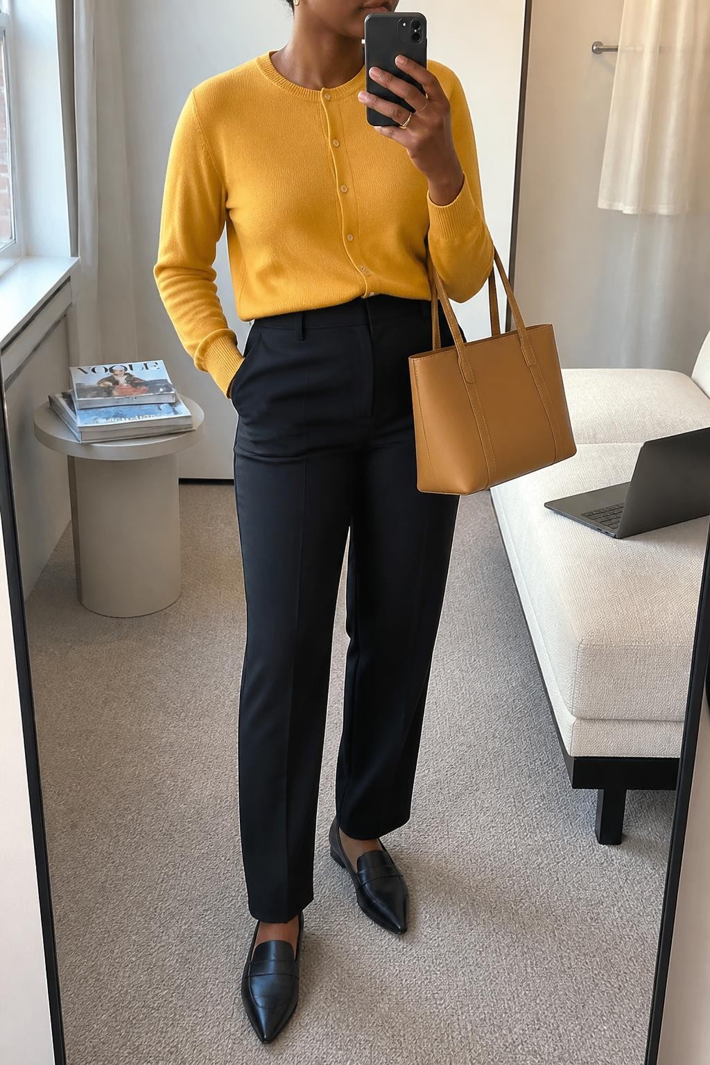 Mirror selfie of a Black woman wearing a mustard-yellow button-front cardigan, high-waisted black tailored straight-leg trousers, black pointed-toe leather loafers, a structured tan tote bag, and small gold stud earrings, clearly showing the exact clothing items, colors, fabrics, and accessories listed, holding a phone in front of a minimal dressing room mirror, cropped at the neck so the face does not show, relaxed casual selfie pose, natural window light, a stack of fashion magazines on a side table and a laptop on a bench, polished and realistic, latest iPhone photo quality.
