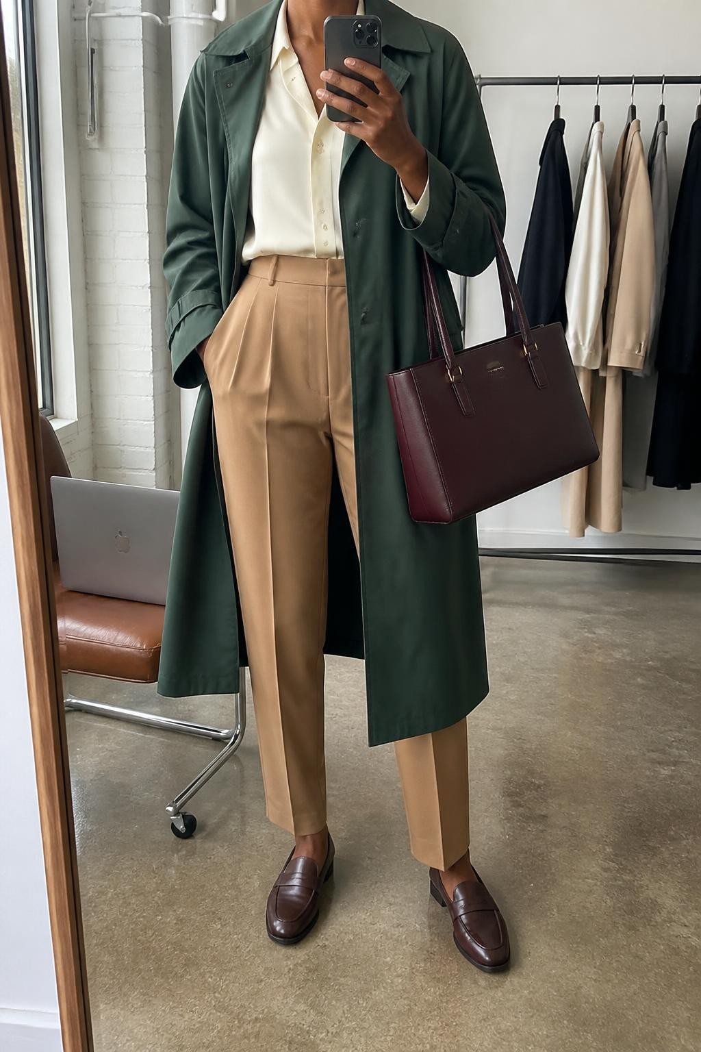 mirror selfie of a Black woman wearing an open forest green water-resistant trench coat over an ivory satin button-front blouse tucked into camel high-waisted tapered trousers, dark brown leather loafers, and an oxblood structured work bag, clearly showing the exact clothing items, colors, fabrics, shoes, and bag listed in the Outfit Pieces section, holding a phone in front of a mirror, cropped at NECK so the face does not show, relaxed professional selfie pose in a fashion studio mirror corner, natural window light, with a clothing rack holding a few garments behind her and a laptop resting on a chair, realistic water-resistant cotton, satin, trouser, and leather textures, latest iPhone photo quality
