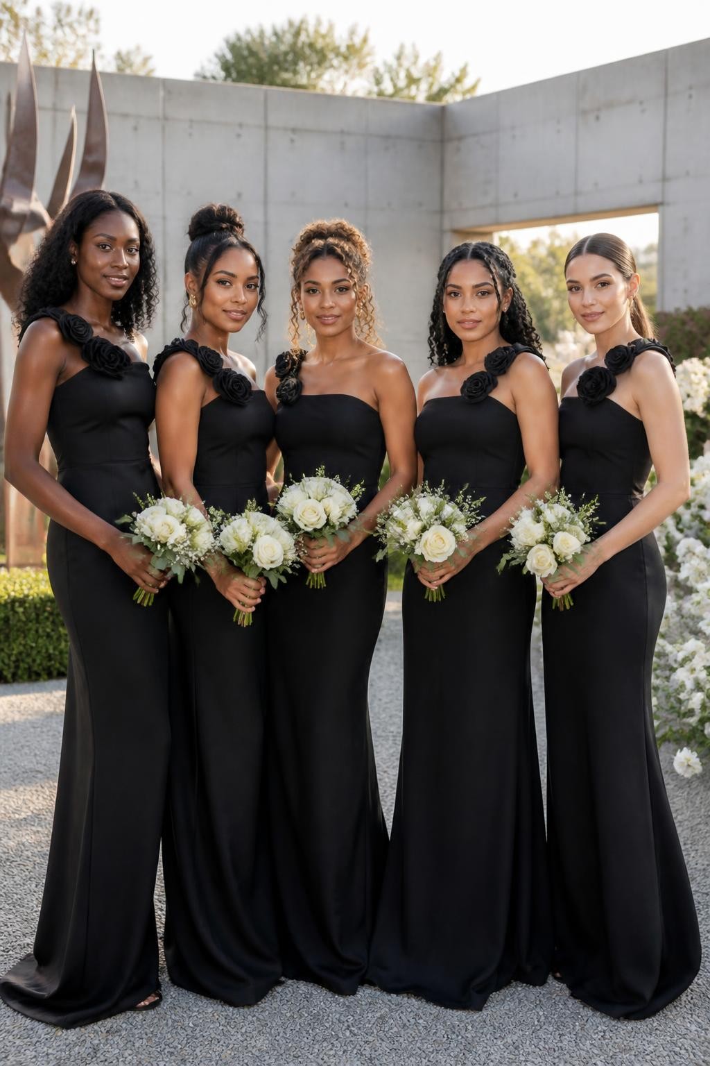 Realistic outdoor editorial image of bridesmaids wearing slim black column dresses with soft handmade fabric rosettes placed along one shoulder and across the neckline, each floral placement slightly different, women with dark blue-black, deep brown, golden brown, warm tan, and fair peach skin tones, beautiful bright faces and natural expressions, realistic makeup, curls, locs, braids, and smooth buns, standing in a contemporary sculpture garden with concrete walls, white flowers, green hedges, and clear late-afternoon light, visible hand-folded texture in the rosettes, natural skirt creases and relaxed posing, photo-realistic DSLR wedding fashion.