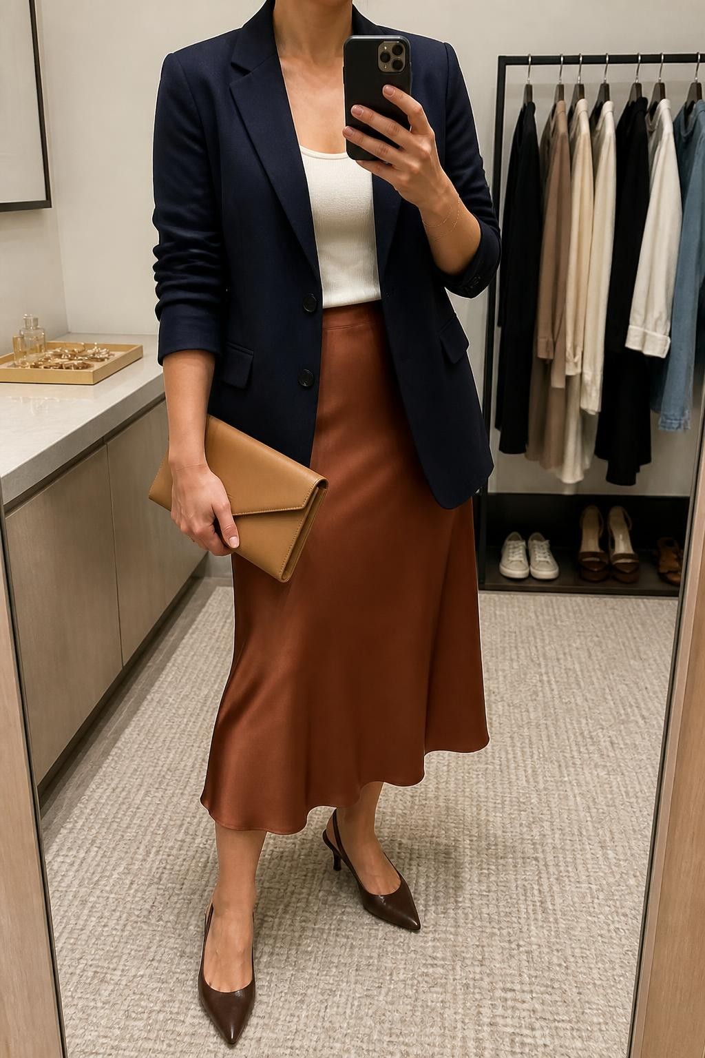 mirror selfie of a midsize woman wearing a relaxed navy wool-blend blazer with the sleeves pushed slightly above the wrists, an ivory scoop-neck knit shell, a copper satin midi slip skirt, chocolate pointed-toe slingback heels, and a tan envelope clutch held in one hand, clearly showing the exact clothing items, colors, fabrics, heels, and clutch listed in the Outfit Pieces section, holding a phone in front of a mirror, cropped at NECK so the face does not show, relaxed polished selfie pose in a minimal dressing room, soft indoor lighting, with a jewelry tray on the vanity and a clothing rack with garments behind her, realistic wool, knit, and satin textures, subtle natural creasing, latest iPhone photo quality