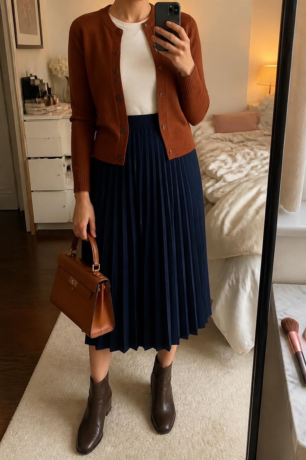 mirror selfie of a woman wearing a rust fine-knit button-front cardigan buttoned halfway over an ivory fitted crewneck top, a navy pleated midi skirt, chocolate leather ankle boots, and a cognac structured handbag, clearly showing the exact clothing items, colors, fabrics, boots, and bag listed in the Outfit Pieces section, holding a phone in front of a mirror, cropped at NECK so the face does not show, relaxed feminine selfie pose in a feminine-themed bedroom, warm moody lighting, with a makeup brush on a counter and soft pillows on an unmade bed, realistic fine knit, pleated fabric, and leather textures, latest iPhone photo quality