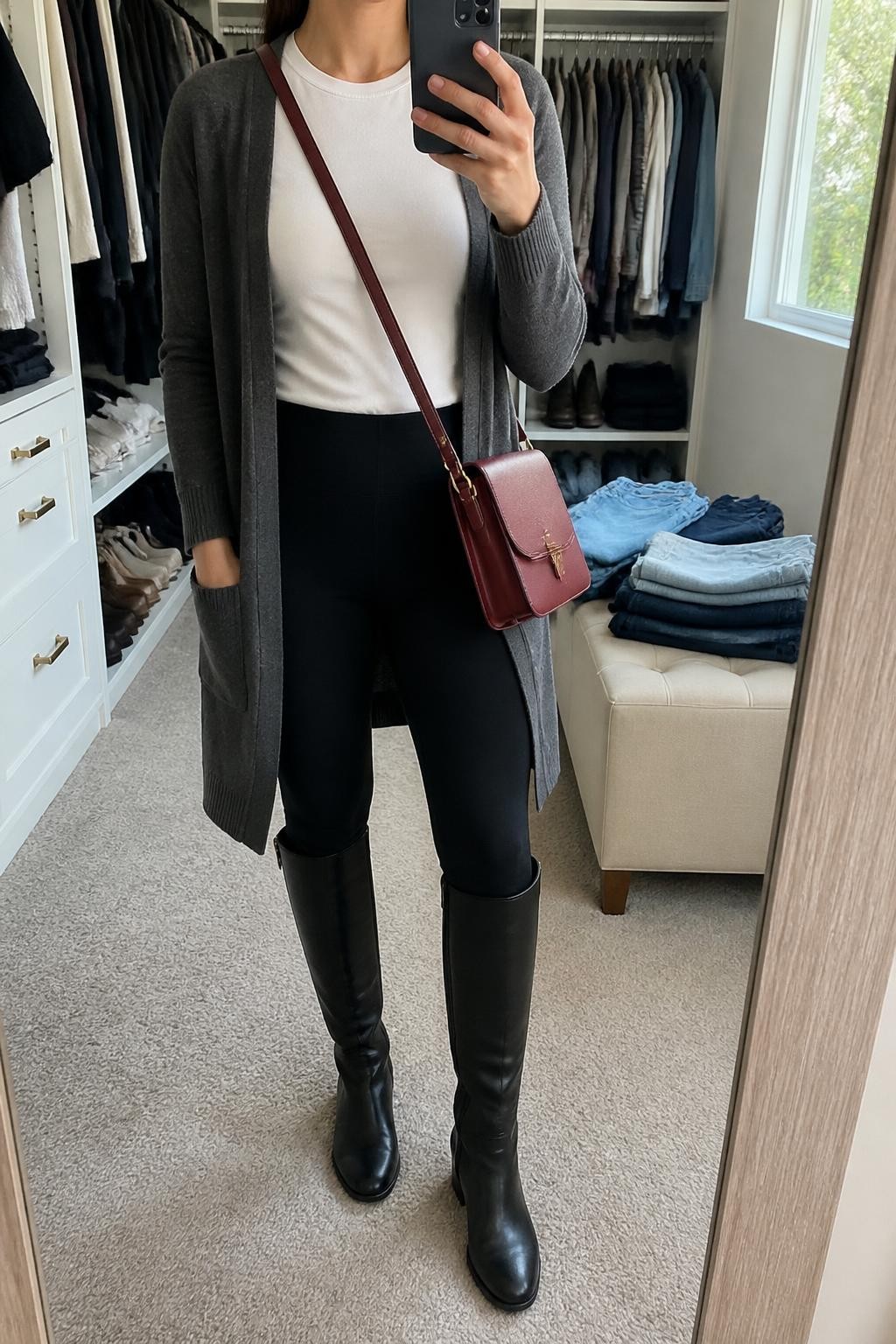 Mirror selfie of a woman wearing a long charcoal-grey open-front cardigan, a fitted white crew-neck T-shirt, matte black high-waisted leggings, black leather riding boots, and a structured oxblood crossbody bag, clearly showing the exact clothing items, colors, fabrics, and accessories listed, holding a phone in front of a walk-in closet mirror, cropped at the neck so the face does not show, relaxed casual selfie pose, natural window light, an open closet with clothes visible and folded denim jeans on a bench, casual and uncluttered, latest iPhone photo quality.