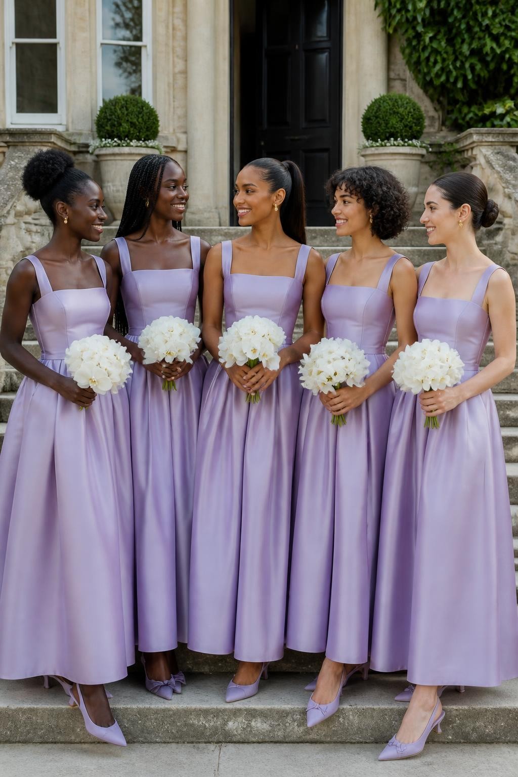 Realistic fashion-forward wedding portrait of five bridesmaids wearing structured lavender silk-faille gowns with softly corseted bodices, wide square necklines, curved basque waists, and full ankle-length ballerina skirts with hidden side pockets, women with very deep brown, cool dark brown, cinnamon, golden tan, and pale neutral skin tones, different torso lengths, bust sizes, and body proportions represented naturally, bright joyful faces with individual features, visible natural skin texture and small flyaway hairs, hairstyles including a sculpted natural updo, waist-length braids, glossy ponytail, short curly bob, and smooth chignon, photographed on broad pale-stone steps outside a historic manor, holding compact ivory orchid bouquets, clear morning light revealing accurate lavender tones, precise seams, realistic fabric stiffness, deep skirt folds, and elegant slingback shoes visible beneath the hems.