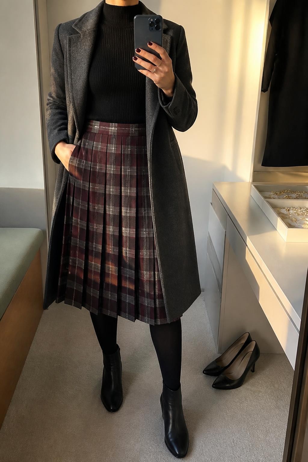 mirror selfie of a woman wearing an open charcoal knee-length wool-blend coat over a black fitted mock-neck sweater tucked into a burgundy and gray plaid pleated midi skirt, black opaque tights, and black leather ankle boots, clearly showing the exact clothing items, colors, plaid pattern, fabrics, tights, and boots listed in the Outfit Pieces section, holding a phone in front of a mirror, cropped at NECK so the face does not show, relaxed polished selfie pose in a minimal dressing room, evening golden hour light, with a jewelry tray on the vanity and a pair of heels on the floor nearby, realistic wool, knit, pleated fabric, tights, and leather textures, latest iPhone photo quality