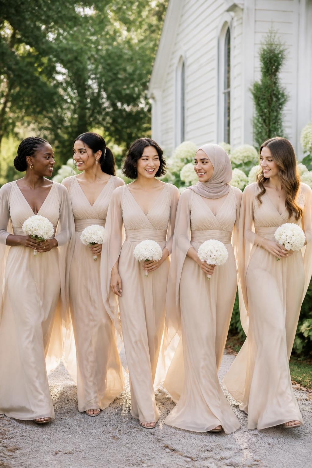 Realistic editorial wedding image of five bridesmaids in warm champagne chiffon gowns with clean V-neck bodices, defined waists, and long sheer cape sleeves attached at the shoulders, women of West African, South Asian, East Asian, Middle Eastern, and European appearance with deep, medium, olive, golden, and fair skin tones, bright expressive faces, natural makeup and individual facial features, hairstyles including a braided crown, smooth hijab styling, short textured curls, polished ponytail, and soft waves, walking beside a white garden chapel surrounded by cream hydrangeas and mature trees, light breeze lifting the chiffon naturally, visible fabric transparency and soft shadows, flattering but believable body proportions, documentary-style DSLR wedding photography.