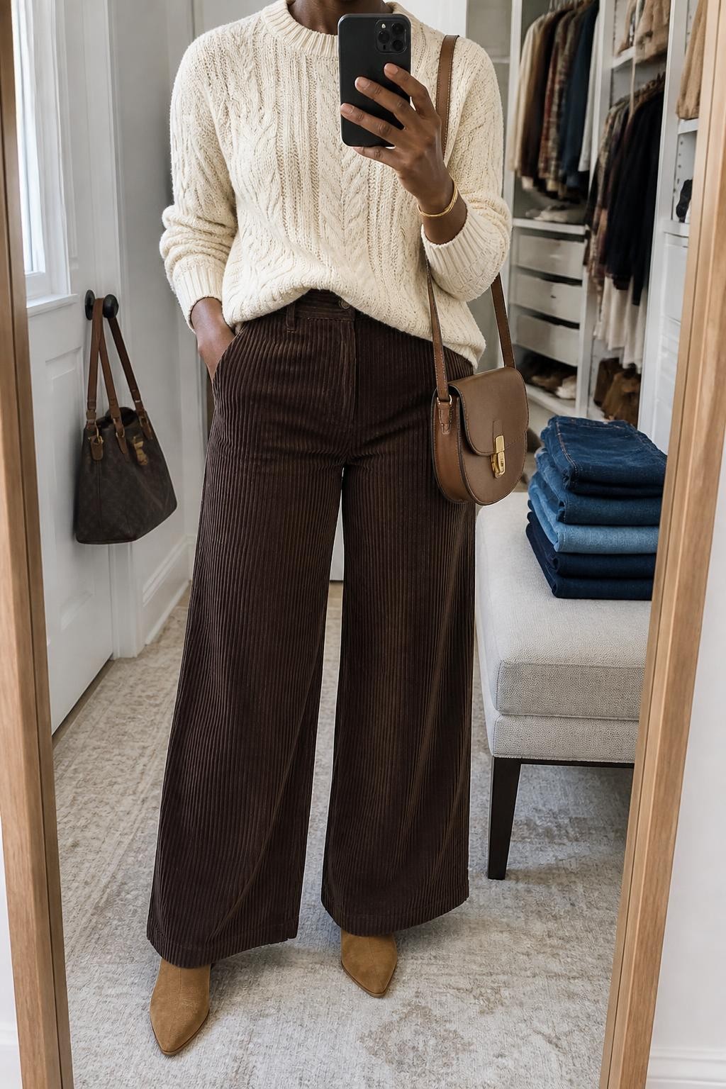 mirror selfie of a Black woman wearing a cream cable-knit crewneck sweater with a small front tuck into chocolate brown wide-leg corduroy trousers, tan suede ankle boots, a cognac leather saddle bag, and a slim gold cuff bracelet, clearly showing the exact clothing items, colors, fabrics, boots, bag, and bracelet listed in the Outfit Pieces section, holding a phone in front of a mirror, cropped at NECK so the face does not show, relaxed polished selfie pose in a walk-in closet mirror, natural window light, with folded denim jeans on a bench and a handbag hanging on a door handle, realistic cable knit, corduroy, suede, leather, and metal textures, latest iPhone photo quality