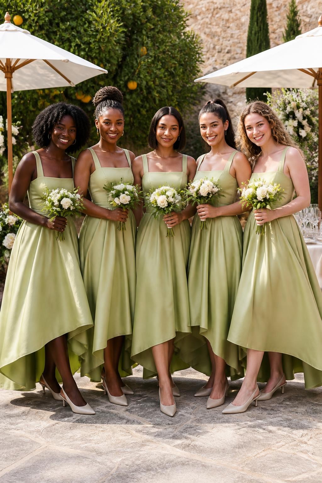 Realistic summer wedding photograph of five bridesmaids wearing softened chartreuse green high-low dresses with fitted square-neck bodices and sculpted skirts falling below the knee in front and close to the ankle at the back, women with deep ebony, dark warm brown, golden brown, light olive, and fair rosy skin tones, bright smiling faces, realistic makeup and individual facial features, hairstyles including natural coils, a braided updo, sleek bob, high ponytail, and soft curls, standing on a colorful garden terrace with white umbrellas, citrus trees, pale stone flooring, and cream floral arrangements, natural breeze lifting the hems, elegant slingback shoes visible, believable shadows and crisp full-frame DSLR photography.